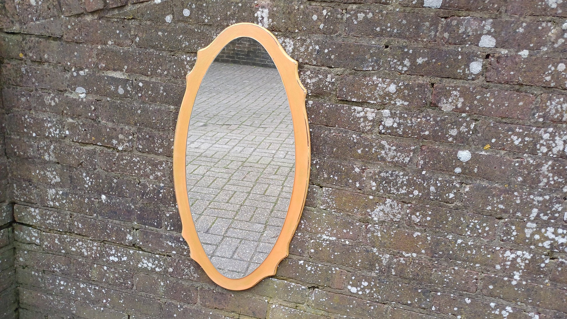 Unusual Bespoke Vintage Retro Oval Painted Orange and Gold Shaped Wall Mirror Hand Painted. Annie Sloan Barcelona Orange.