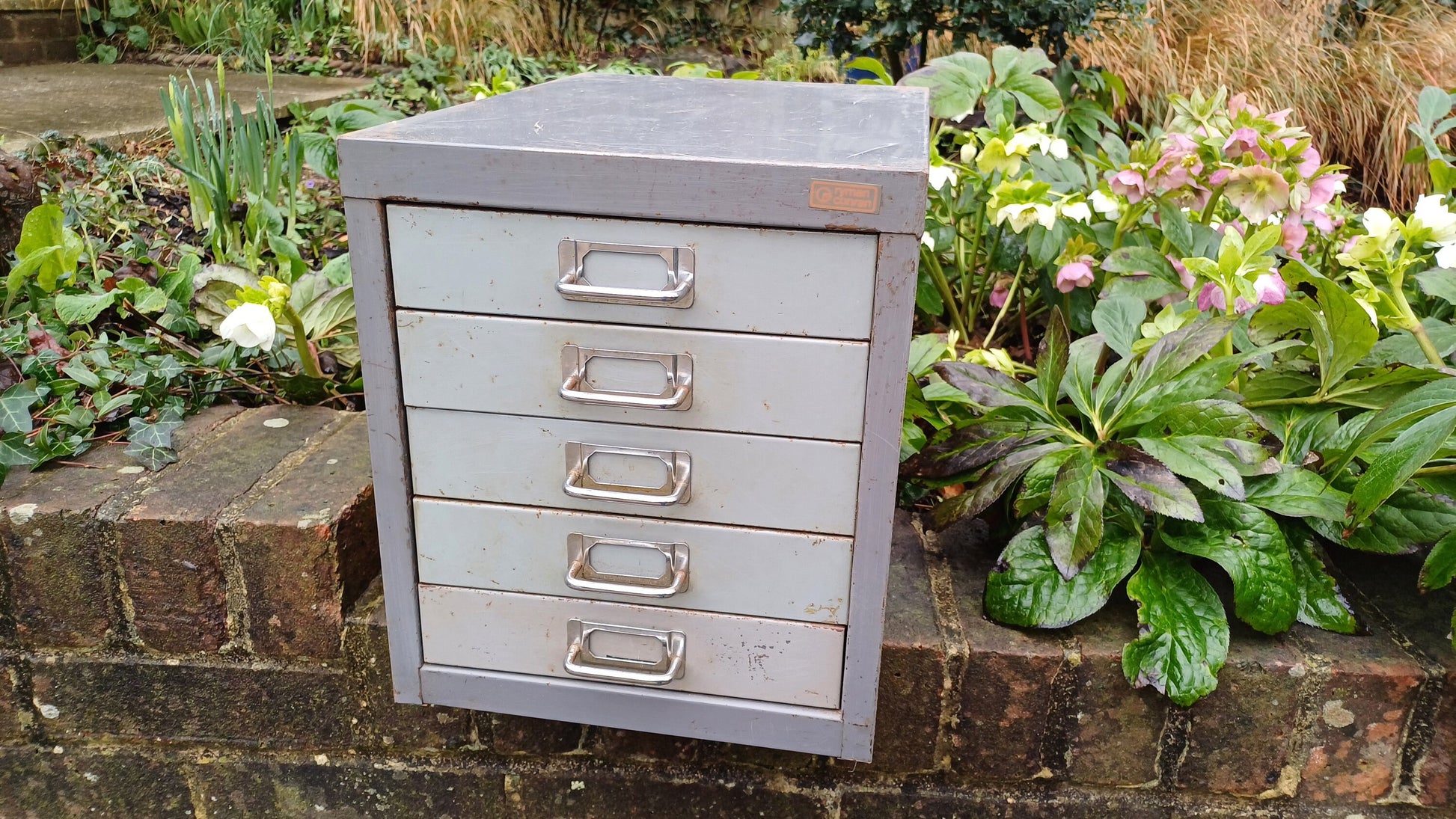 Retro Vintage Flight of Metal Drawers Storage Tools Artisan Desk Surface.