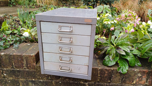 Retro Vintage Flight of Metal Drawers Storage Tools Artisan Desk Surface.