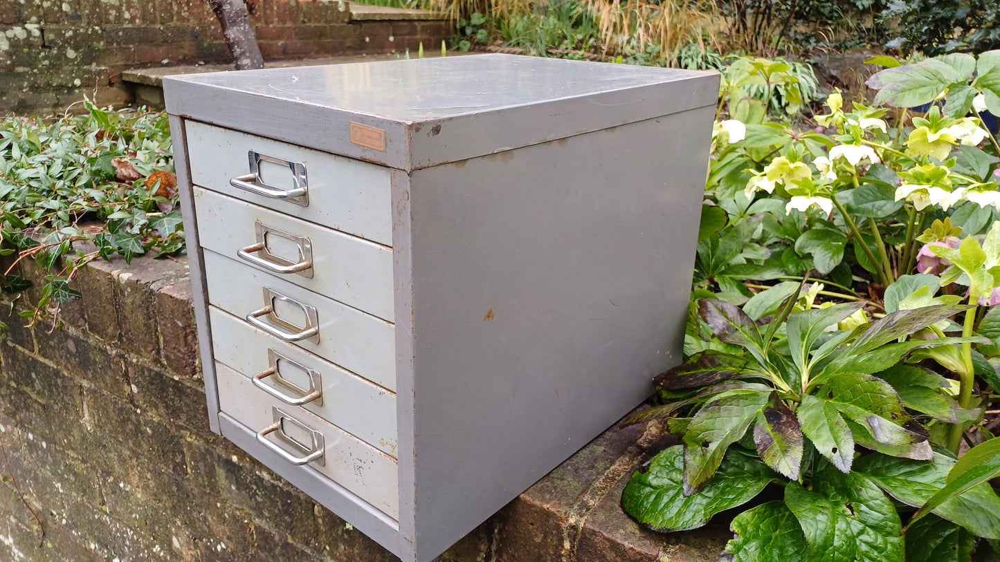 Retro Vintage Flight of Metal Drawers Storage Tools Artisan Desk Surface.