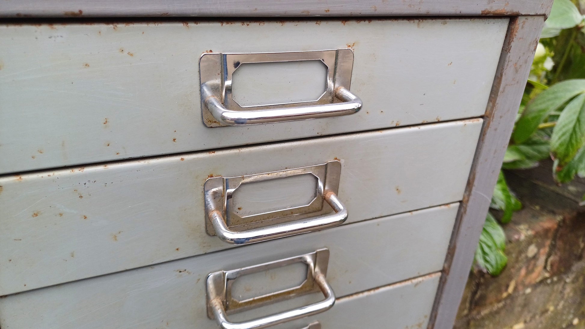 Retro Vintage Flight of Metal Drawers Storage Tools Artisan Desk Surface.