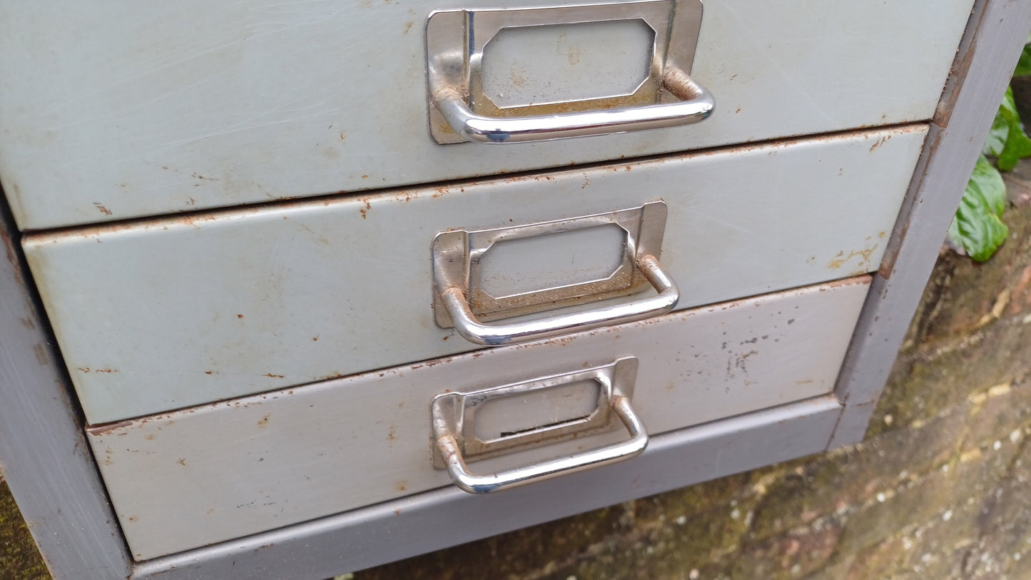 Retro Vintage Flight of Metal Drawers Storage Tools Artisan Desk Surface.