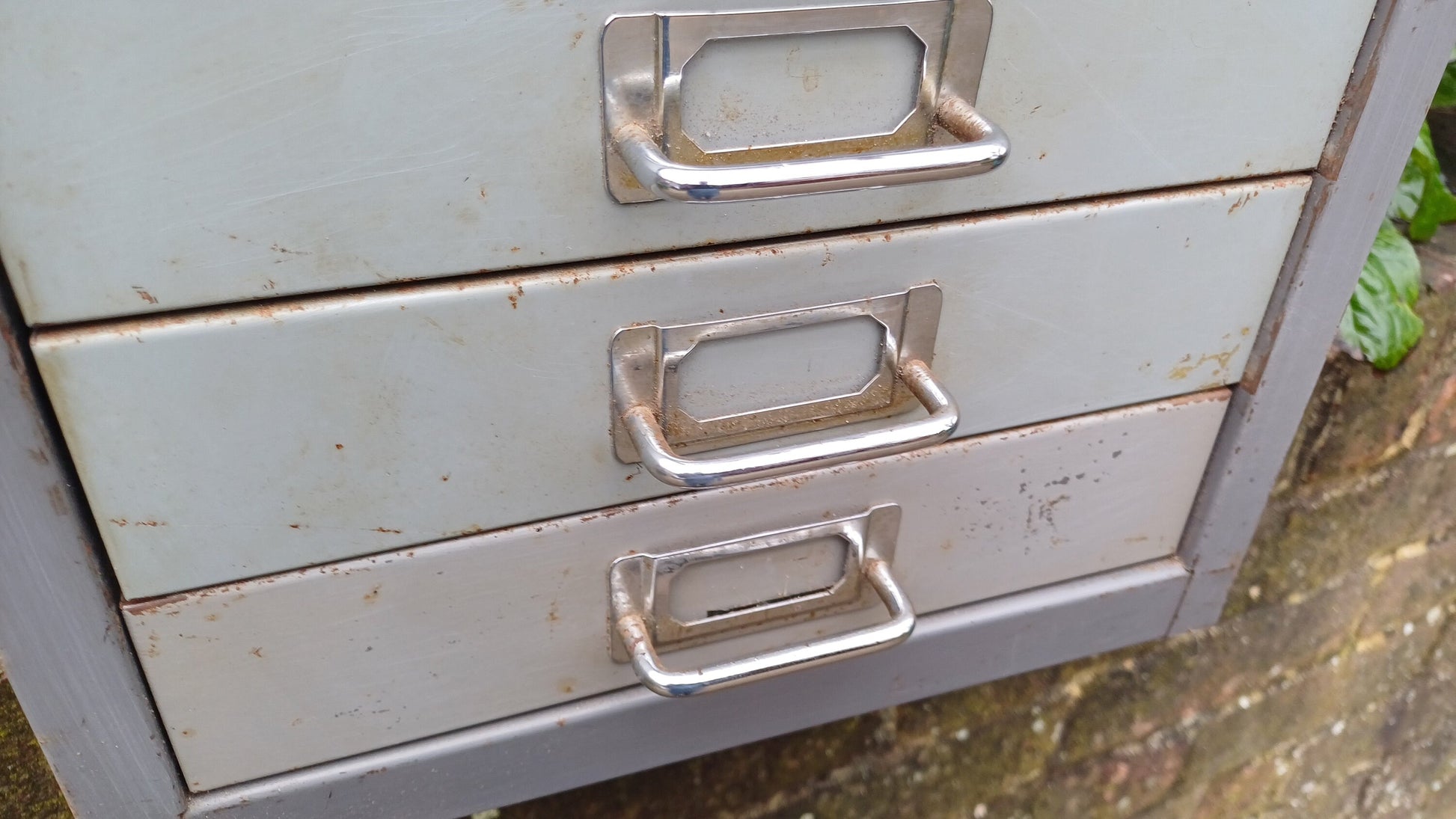 Retro Vintage Flight of Metal Drawers Storage Tools Artisan Desk Surface.