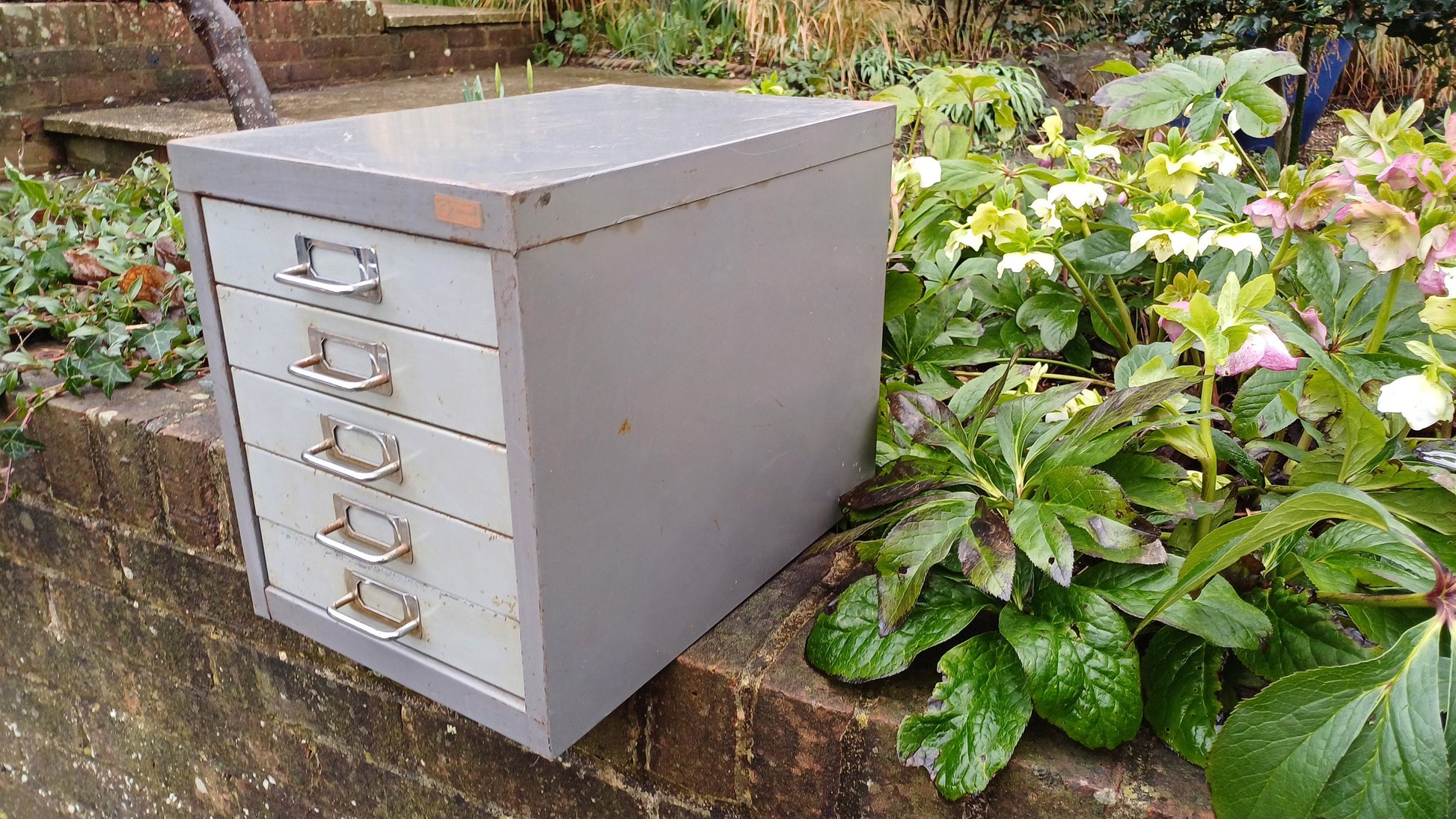 Retro Vintage Flight of Metal Drawers Storage Tools Artisan Desk Surface.