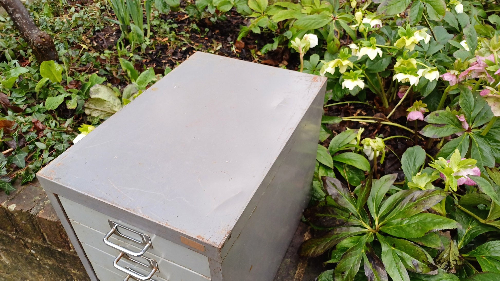 Retro Vintage Flight of Metal Drawers Storage Tools Artisan Desk Surface.