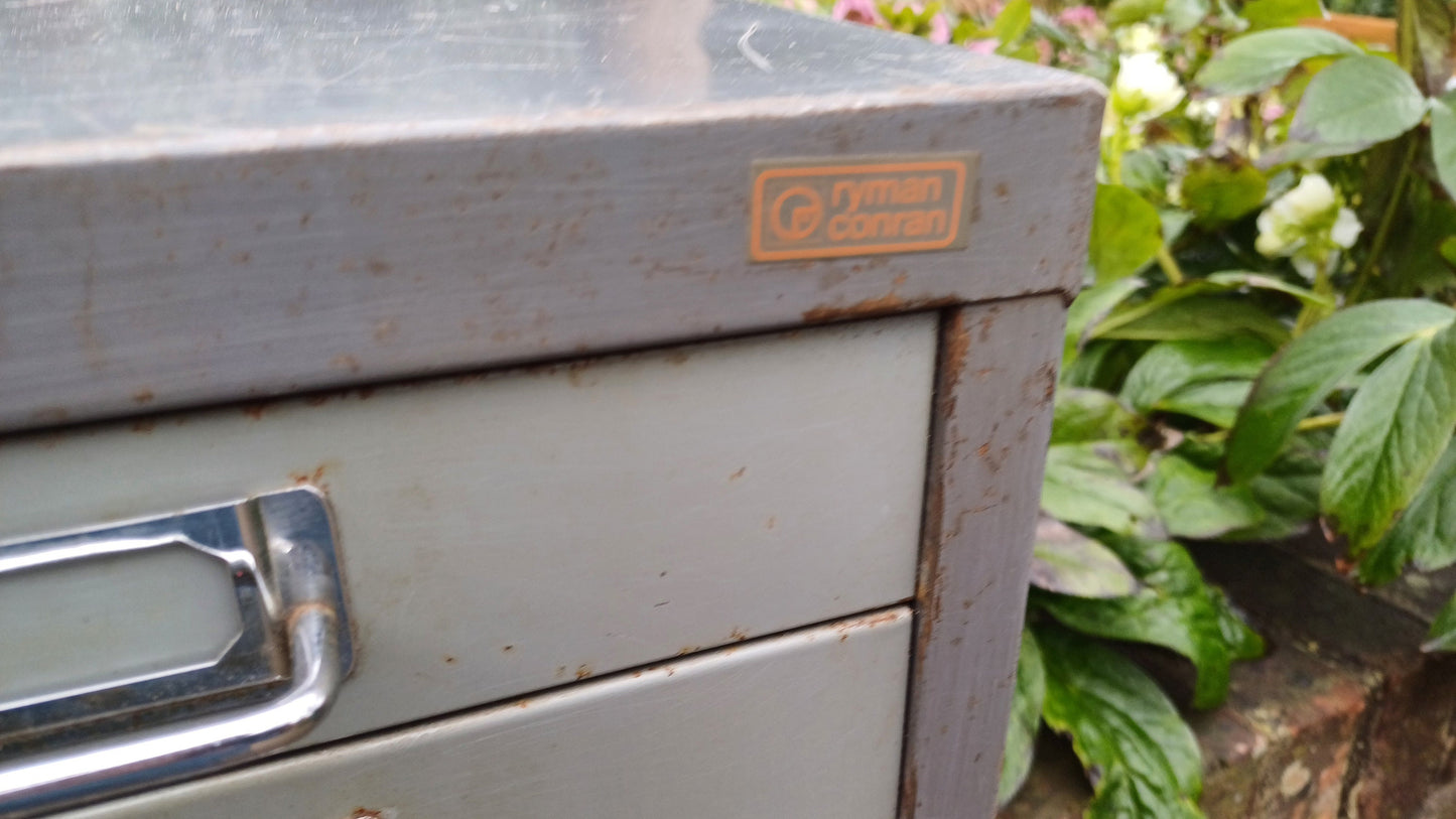 Retro Vintage Flight of Metal Drawers Storage Tools Artisan Desk Surface.