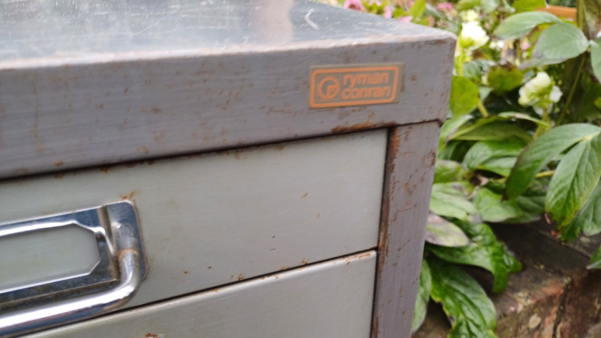 Retro Vintage Flight of Metal Drawers Storage Tools Artisan Desk Surface.