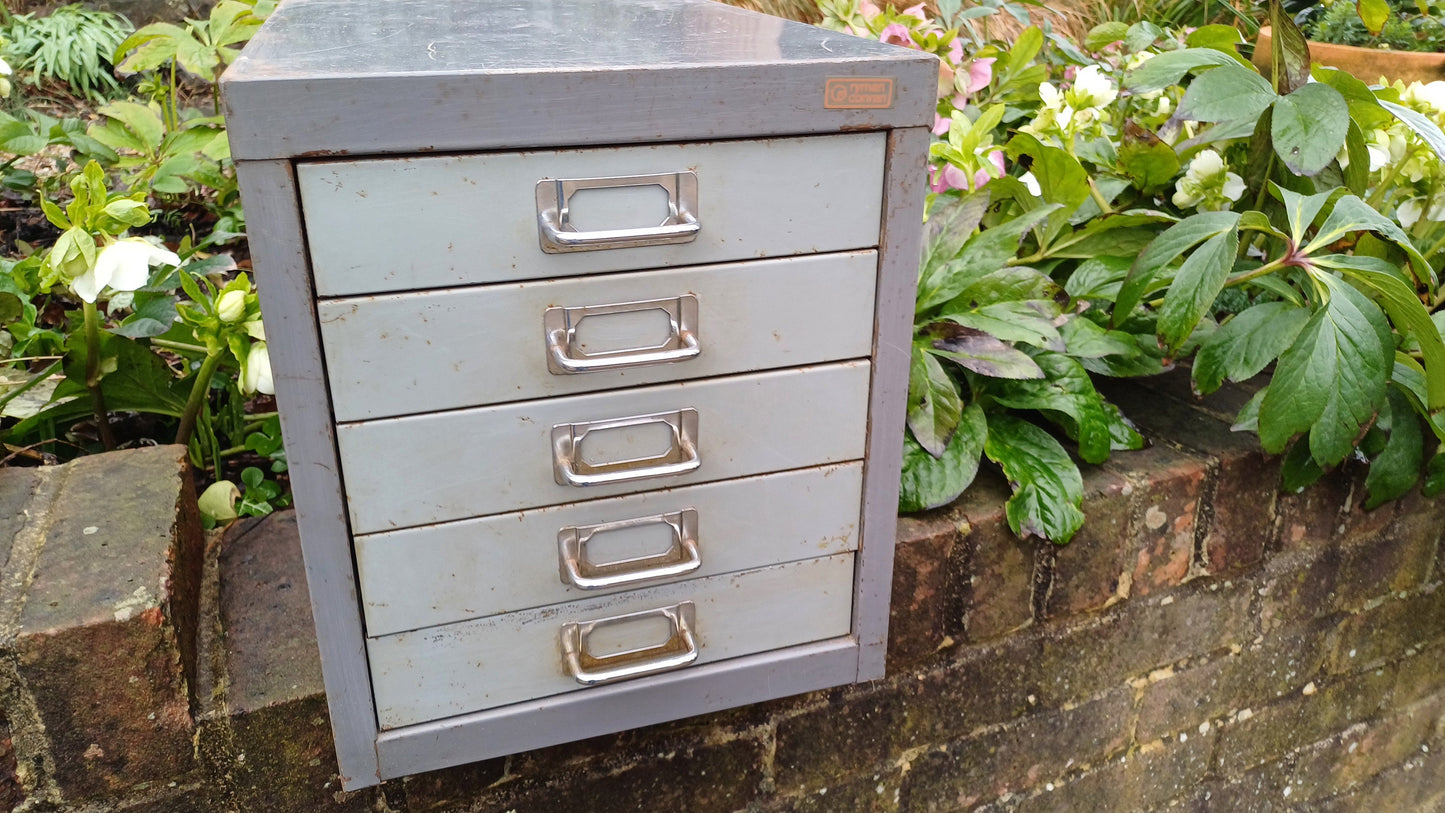Retro Vintage Flight of Metal Drawers Storage Tools Artisan Desk Surface.