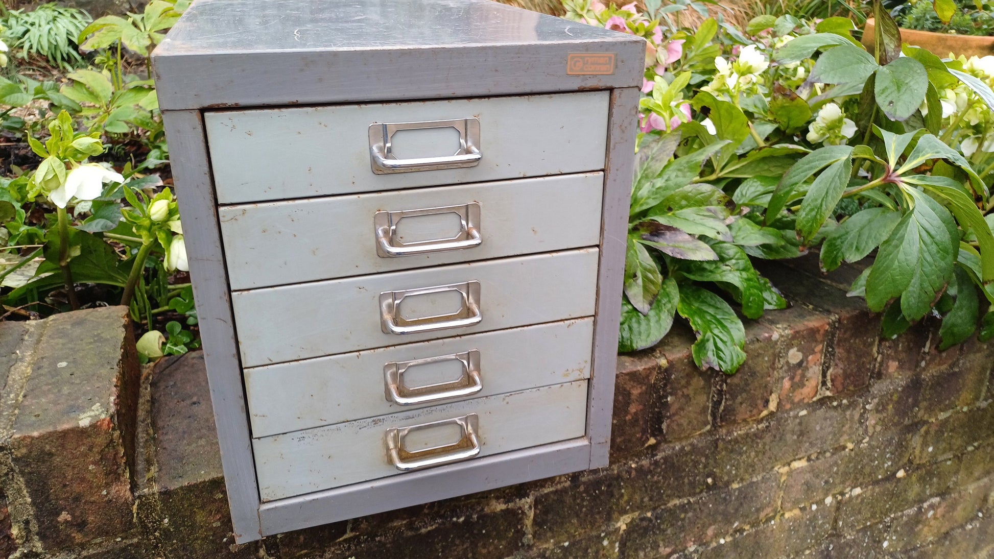 Retro Vintage Flight of Metal Drawers Storage Tools Artisan Desk Surface.