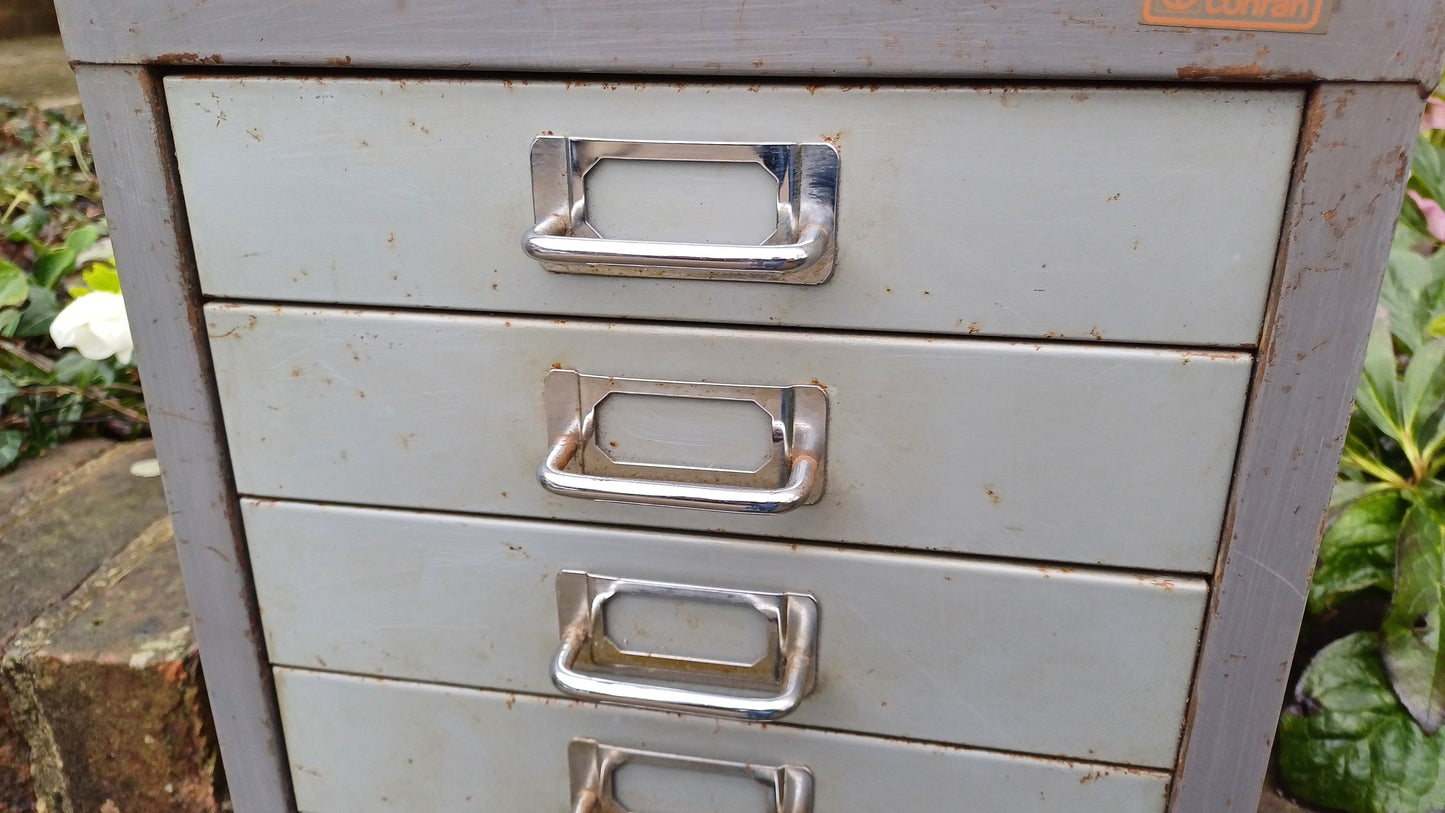 Retro Vintage Flight of Metal Drawers Storage Tools Artisan Desk Surface.