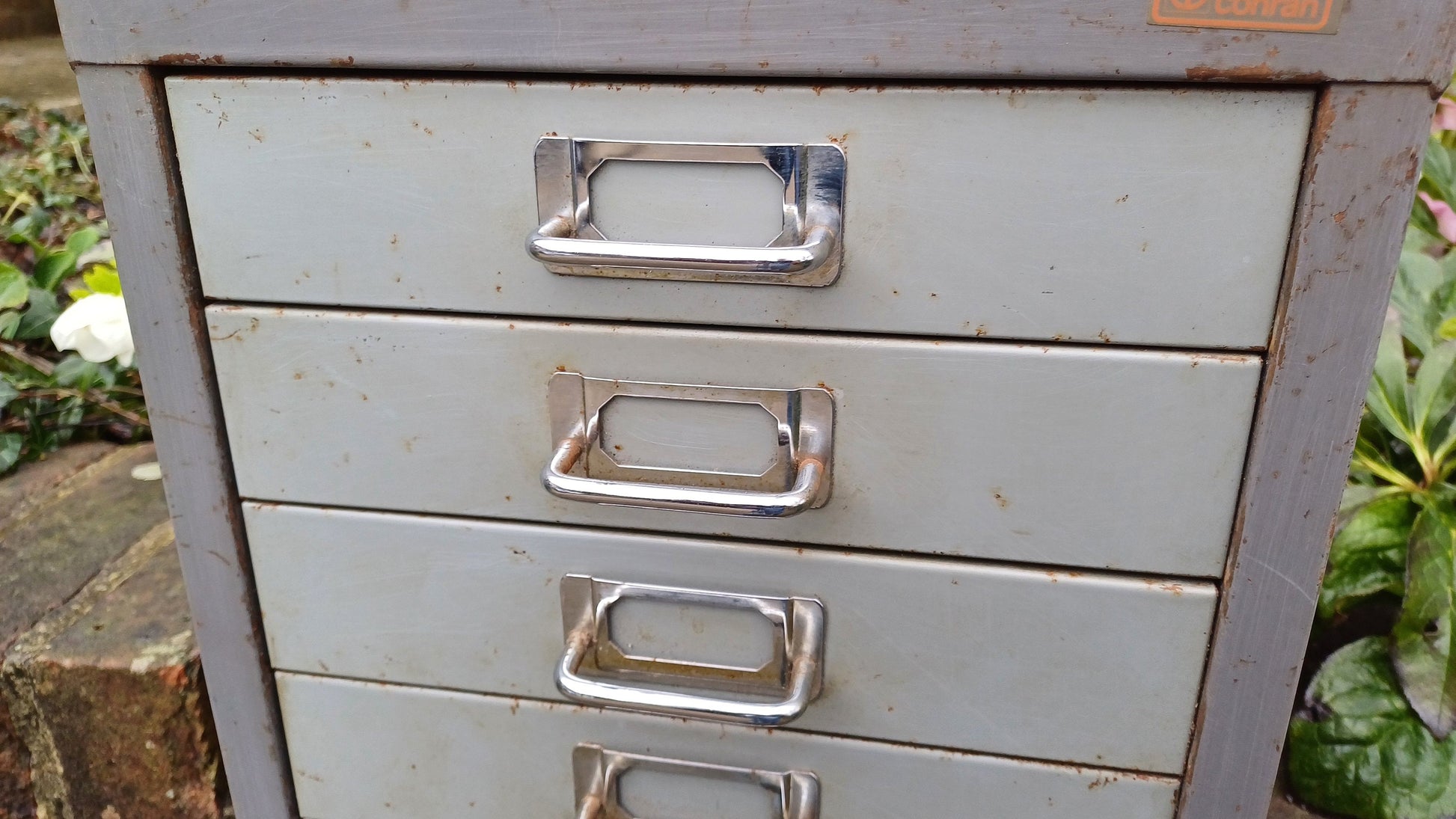 Retro Vintage Flight of Metal Drawers Storage Tools Artisan Desk Surface.