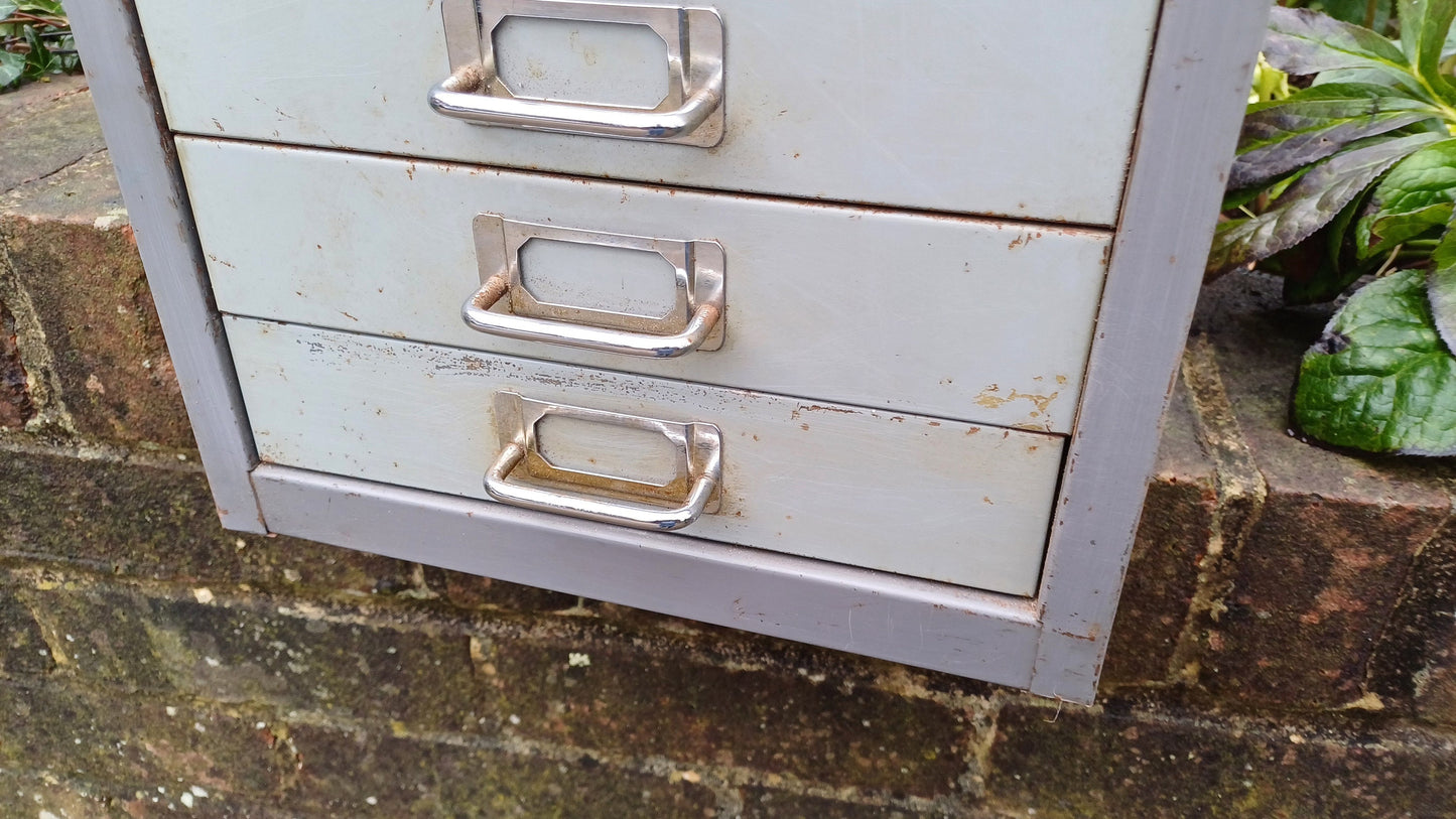 Retro Vintage Flight of Metal Drawers Storage Tools Artisan Desk Surface.