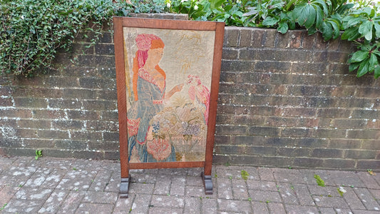 Large Vintage Solid Oak Arts and Crafts Fire Screen Tapestry Lady Feeding Parrot. One Metre Tall