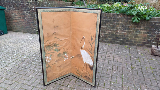 Stunning Age Worn Hand Painted Victorian Vintage Folding Screen Stork or Heron.