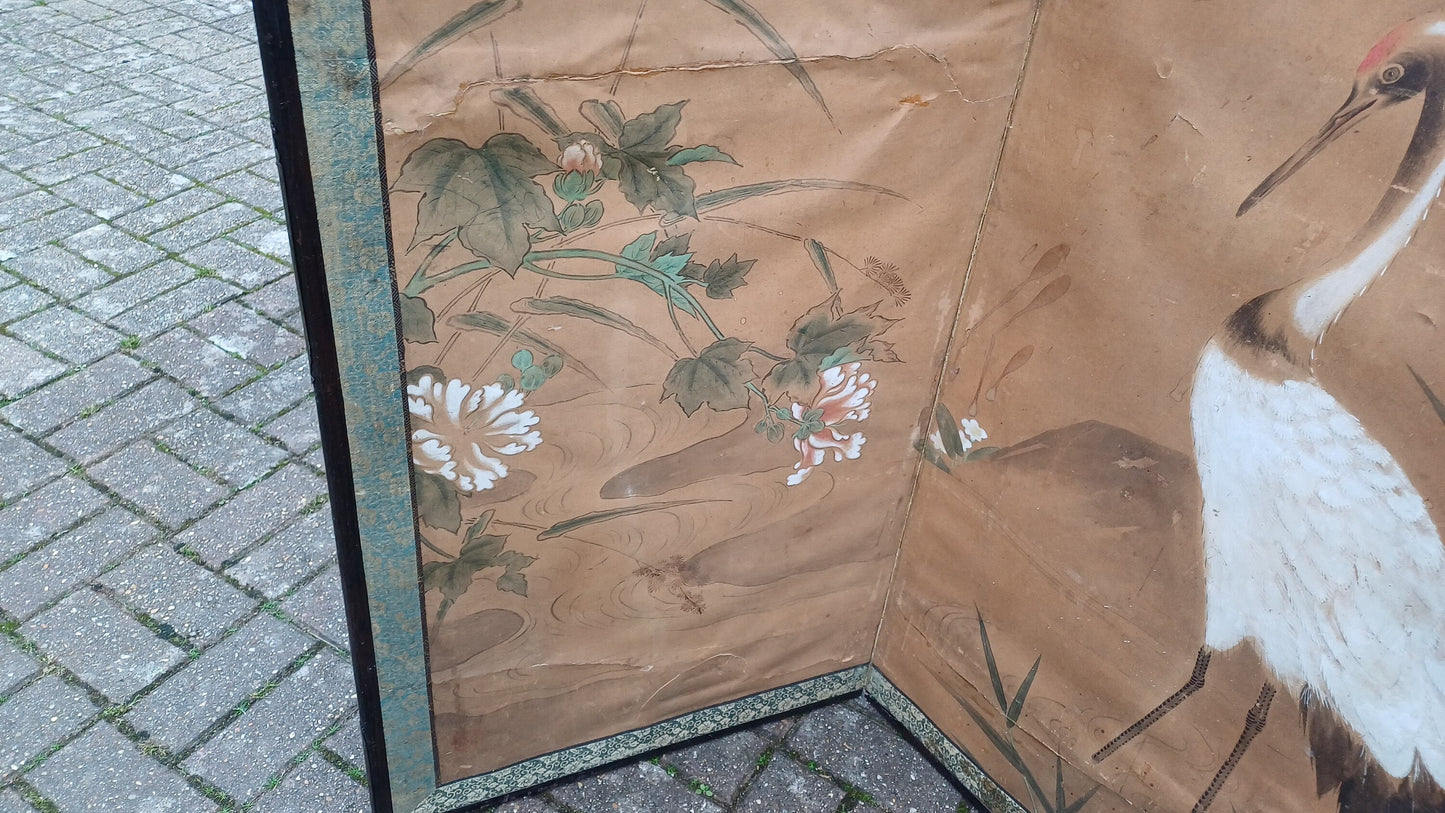 Stunning Age Worn Hand Painted Victorian Vintage Folding Screen Stork or Heron.