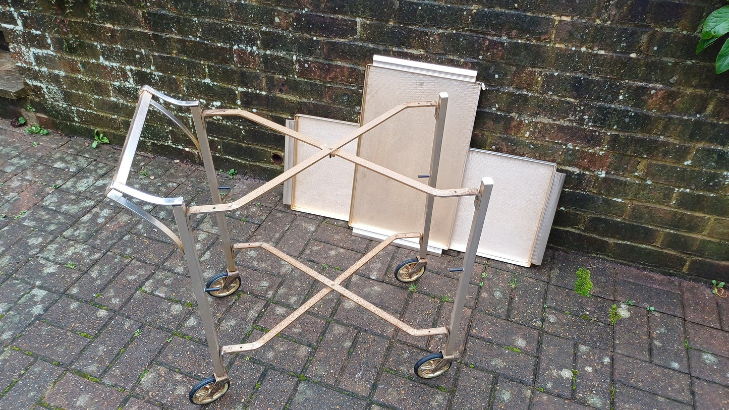Vintage Retro 50s or 60s Metal Serving Drinks Trolley ‘Woodmet Product’ Metal Silver Gold Hues