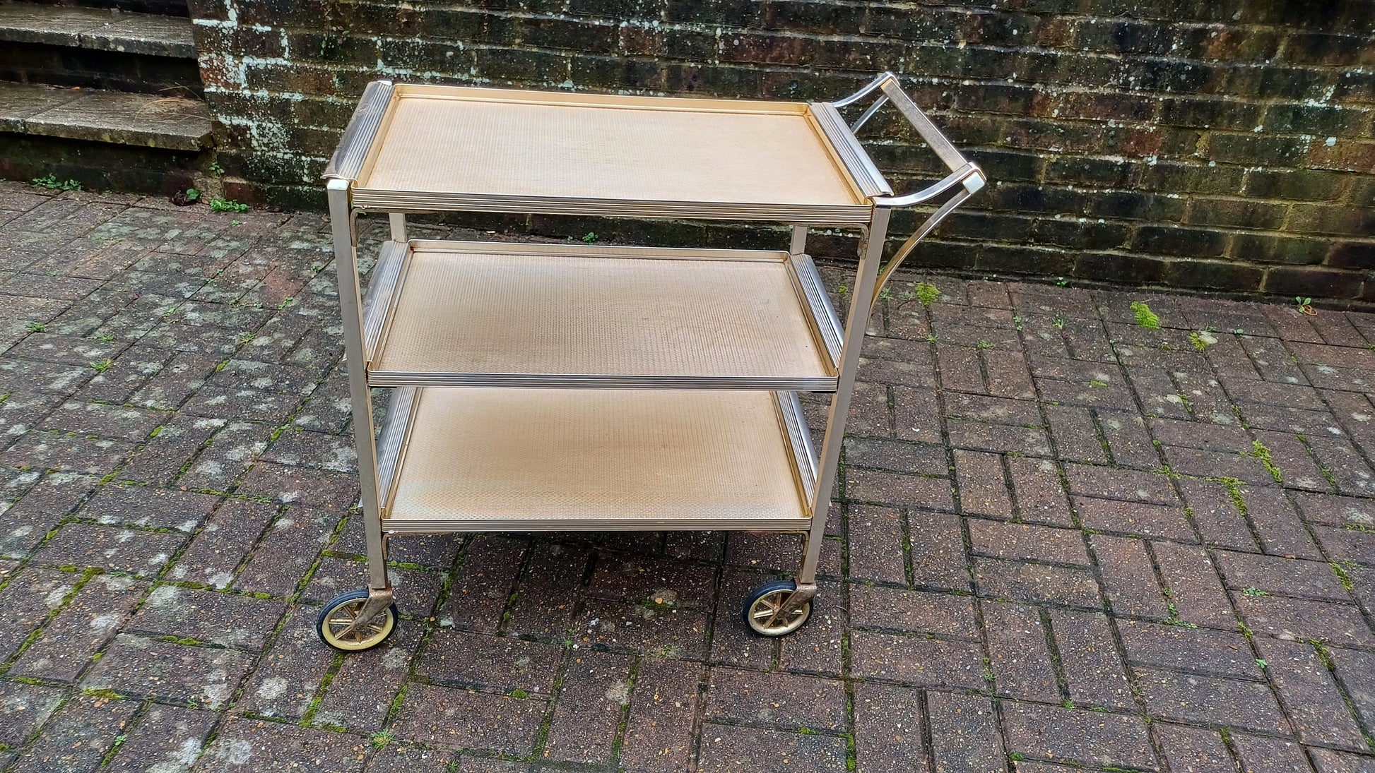 Vintage Retro 50s or 60s Metal Serving Drinks Trolley ‘Woodmet Product’ Metal Silver Gold Hues