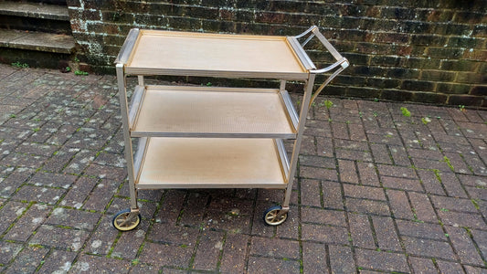 Vintage Retro 50s or 60s Metal Serving Drinks Trolley ‘Woodmet Product’ Metal Silver Gold Hues