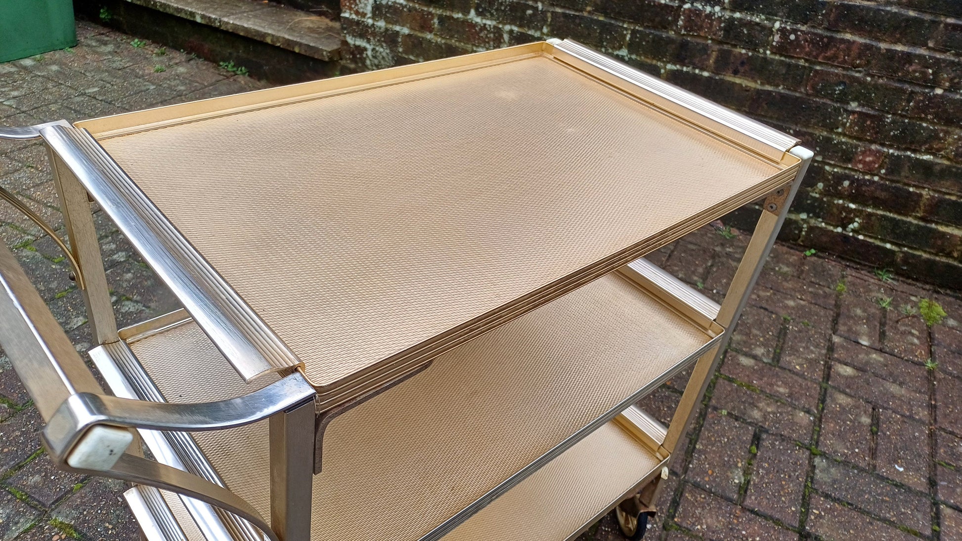 Vintage Retro 50s or 60s Metal Serving Drinks Trolley ‘Woodmet Product’ Metal Silver Gold Hues