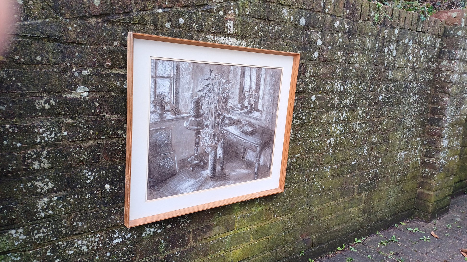 Large vintage black and white pastel still life by Kay Parsons 1987, Studio Corner