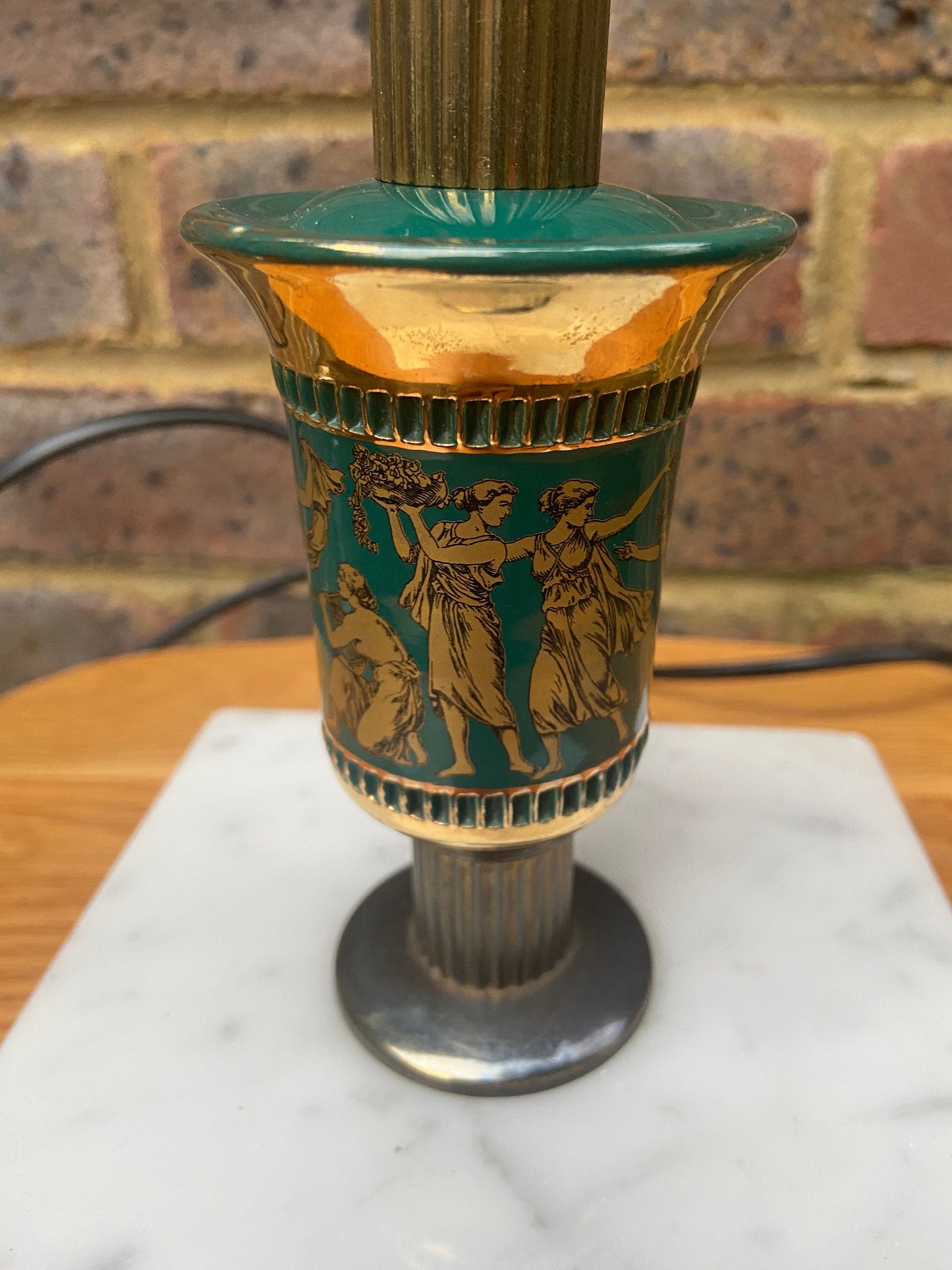 Vintage "Made in Italy" Green and Gold Ceramic Lamp, with gods and goddesses, on a Marble Base - working order