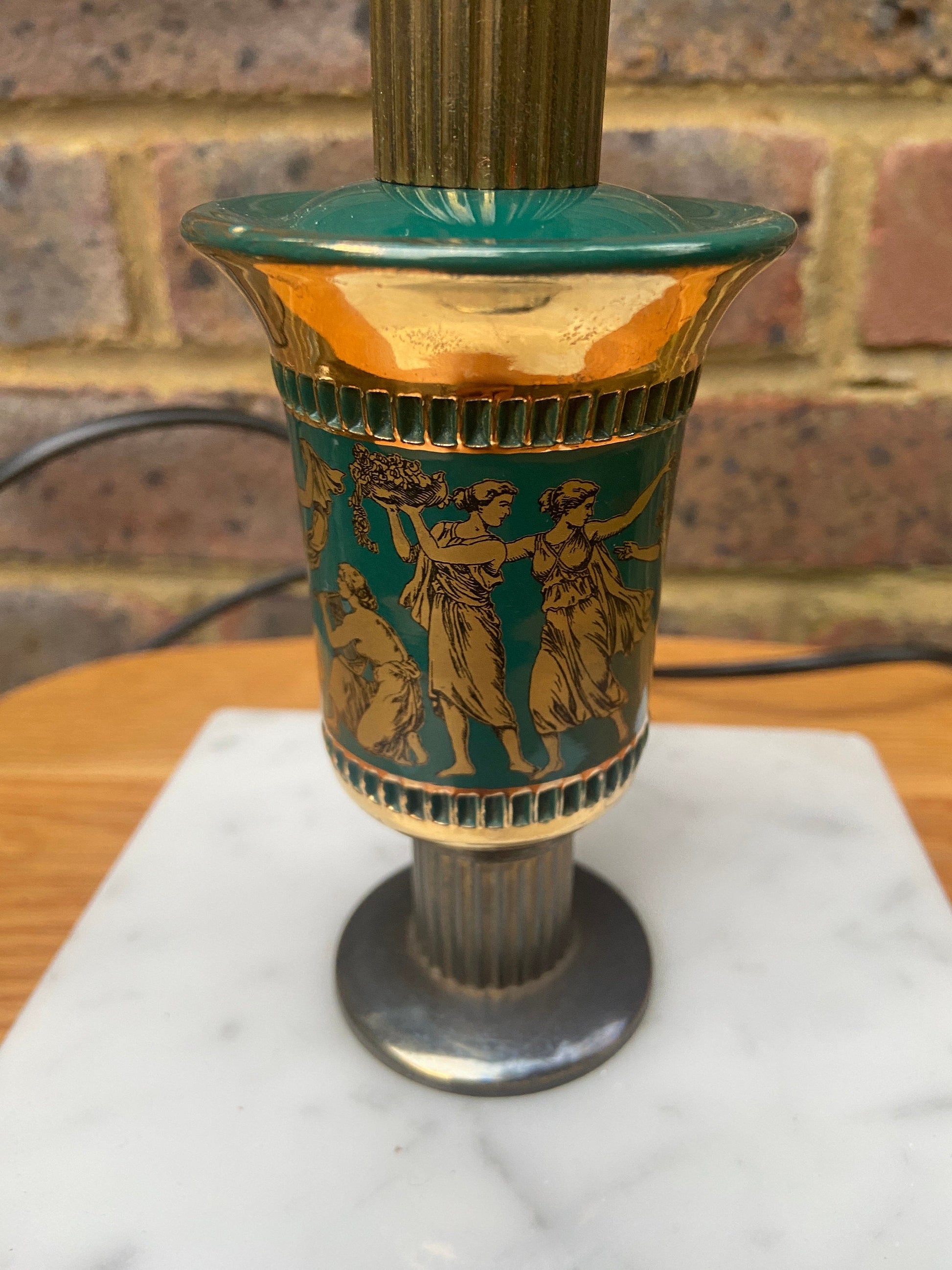 Vintage "Made in Italy" Green and Gold Ceramic Lamp, with gods and goddesses, on a Marble Base - working order