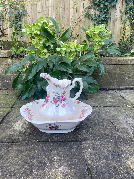 Large Vintage Floral Jug and Basin set, Ironstone, Made in England