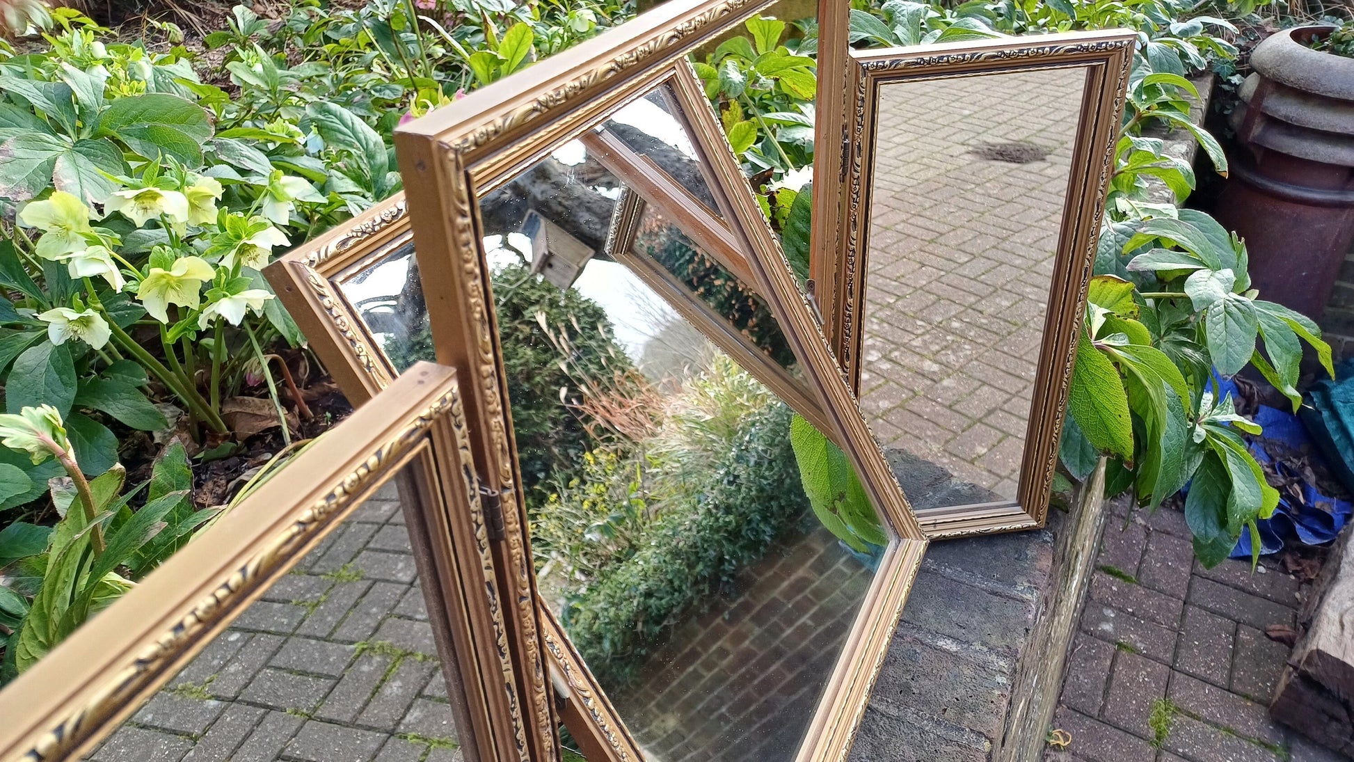 Vintage 70s Gold Gilt Triple Dressing Table Mirror Adjustable
