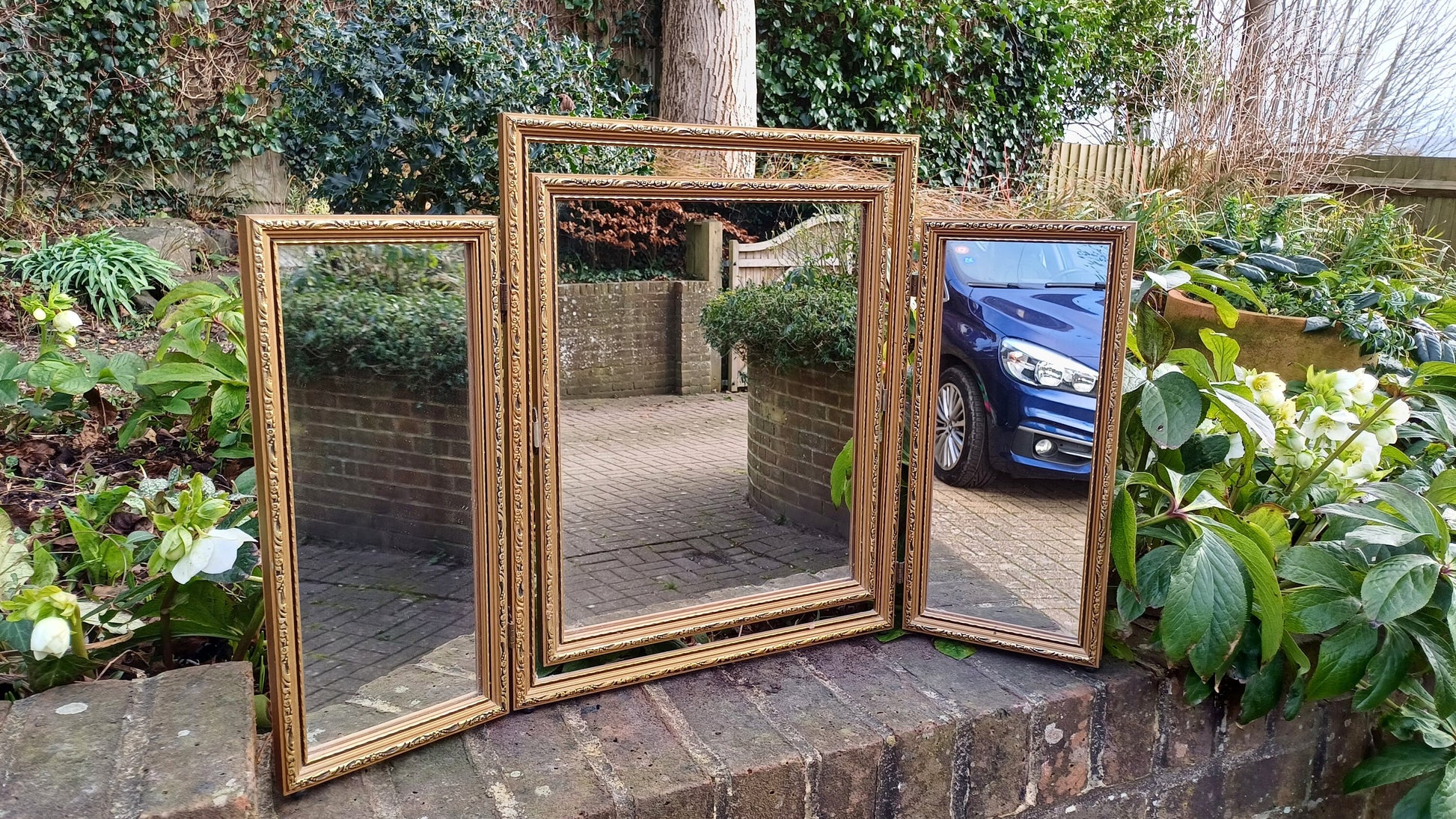 Vintage 70s Gold Gilt Triple Dressing Table Mirror Adjustable
