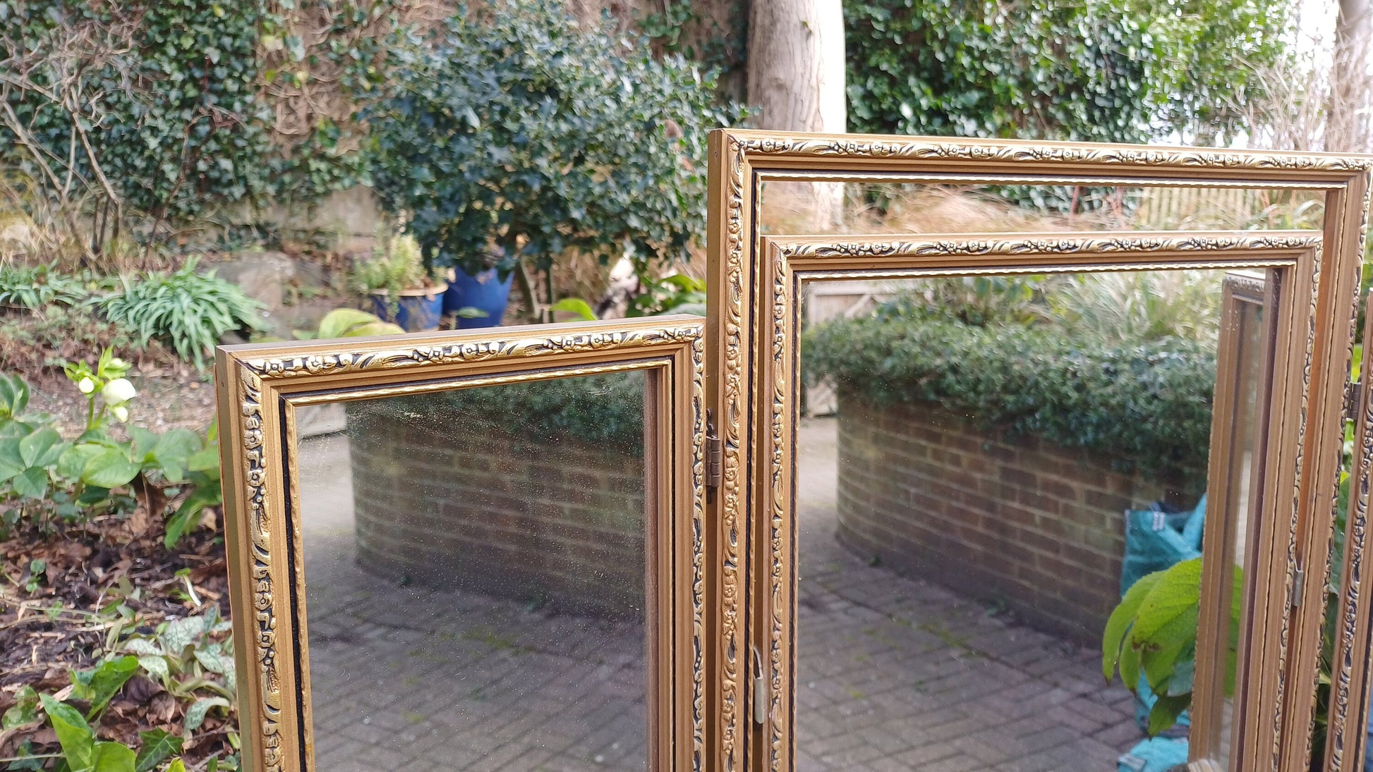 Vintage 70s Gold Gilt Triple Dressing Table Mirror Adjustable