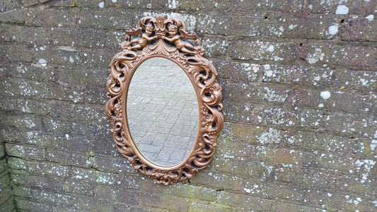 Stunning Gold 70s Vintage Ornate Gold Decorative Wall Mirror Cherub and Floral Decoration