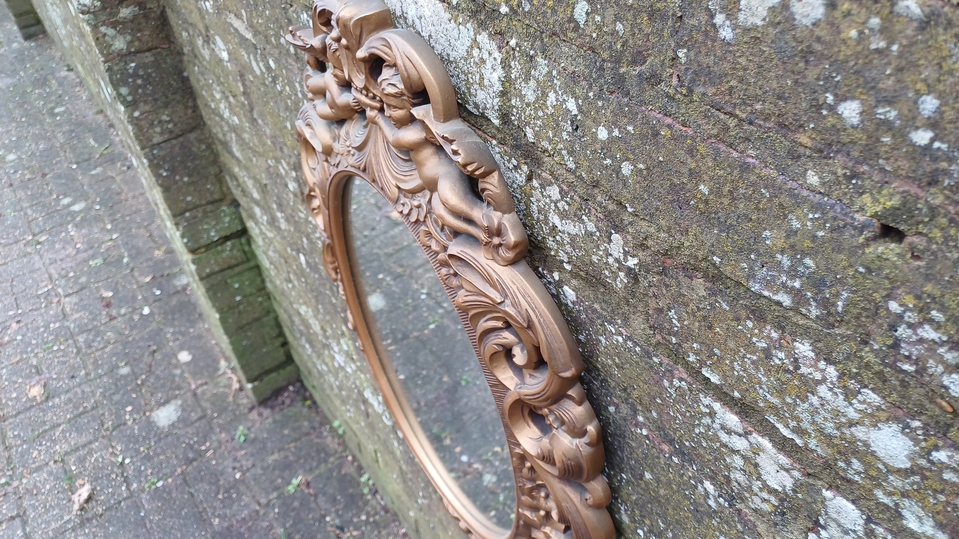 Stunning Gold 70s Vintage Ornate Gold Decorative Wall Mirror Cherub and Floral Decoration