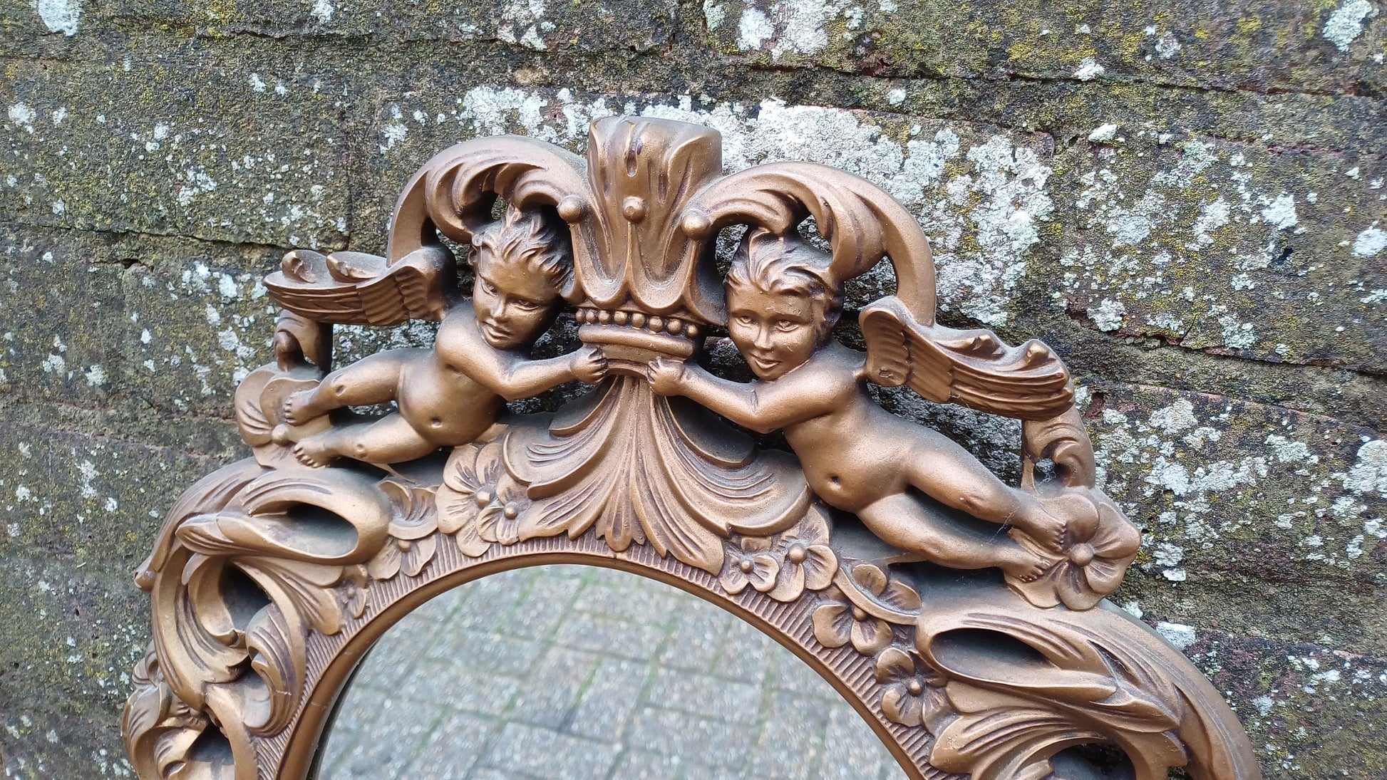 Stunning Gold 70s Vintage Ornate Gold Decorative Wall Mirror Cherub and Floral Decoration