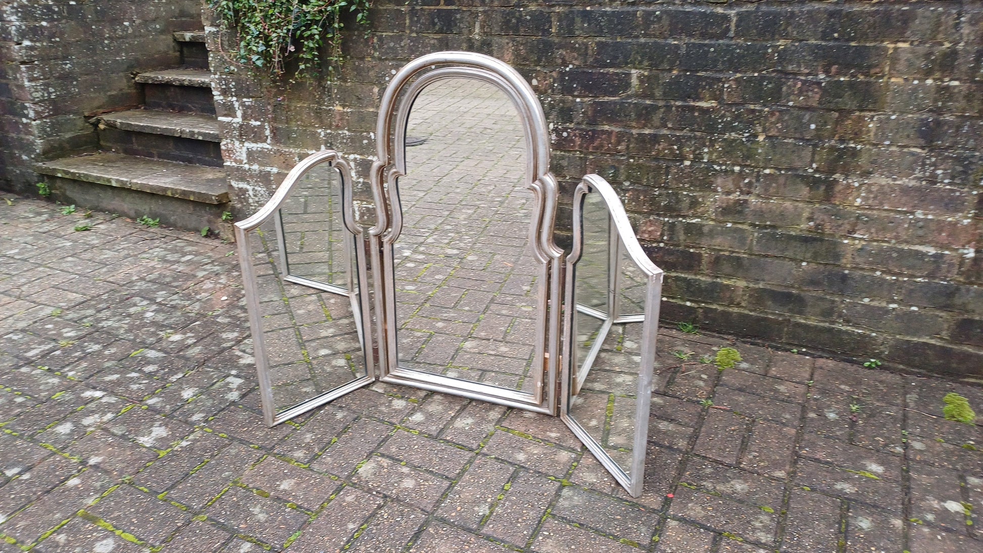 Huge Shaped Vintage Silver Triple Dressing Table Mirror Adjustable Swing Art Deco Nouveau