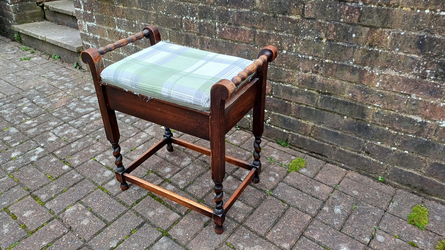 Vintage Oak Barley Twist 20s Piano Stool with Compartment