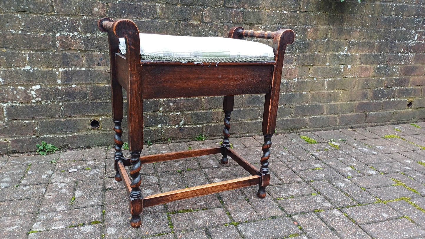 Vintage Oak Barley Twist 20s Piano Stool with Compartment