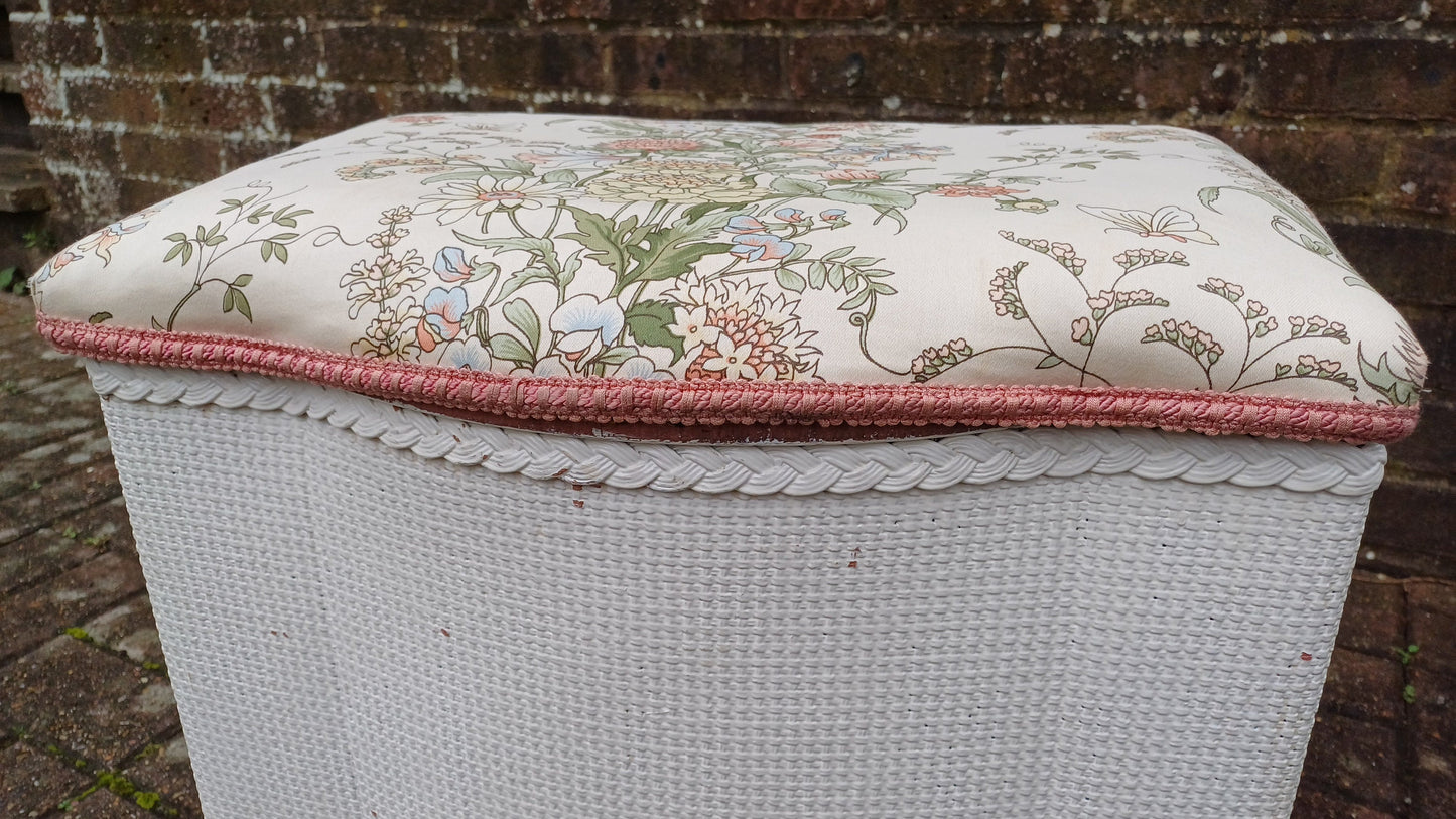 Vintage White Lloyd Loom Style Linen Basket Upholstered Stool Bun Feet. Floral Fabric.