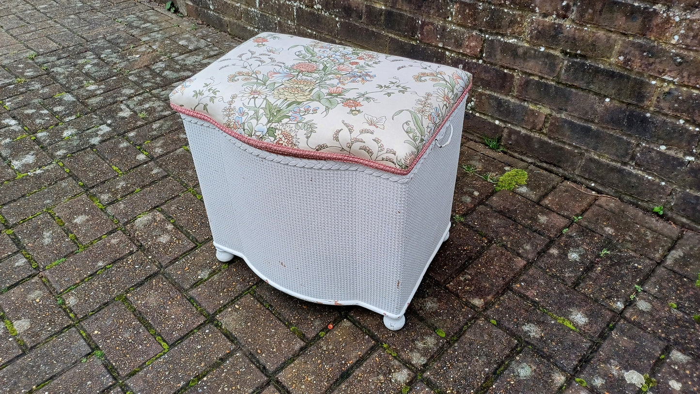 Vintage White Lloyd Loom Style Linen Basket Upholstered Stool Bun Feet. Floral Fabric.