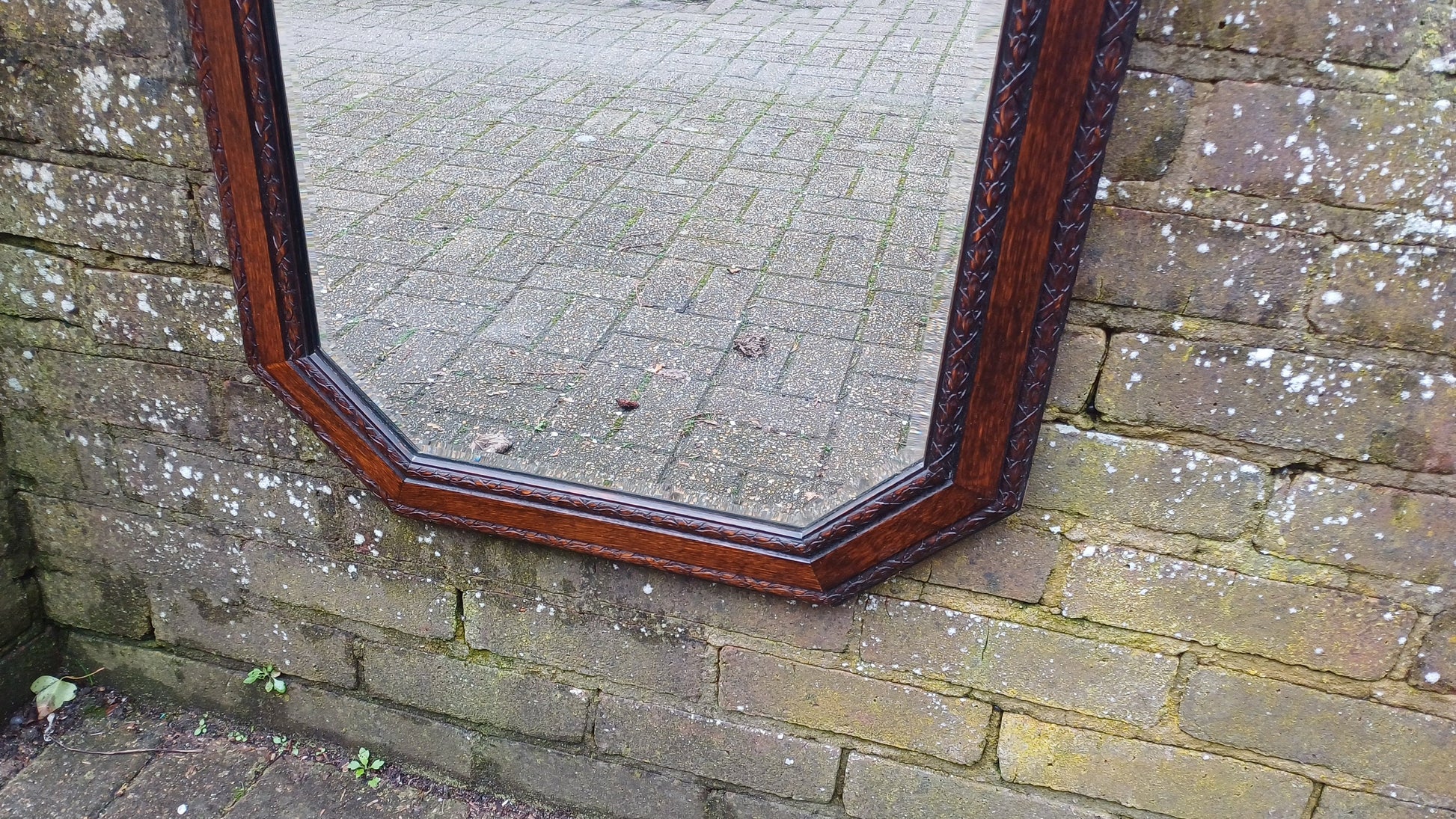 Superb and Large Vintage 1920’s Oak Mirror with Bevelled Glass