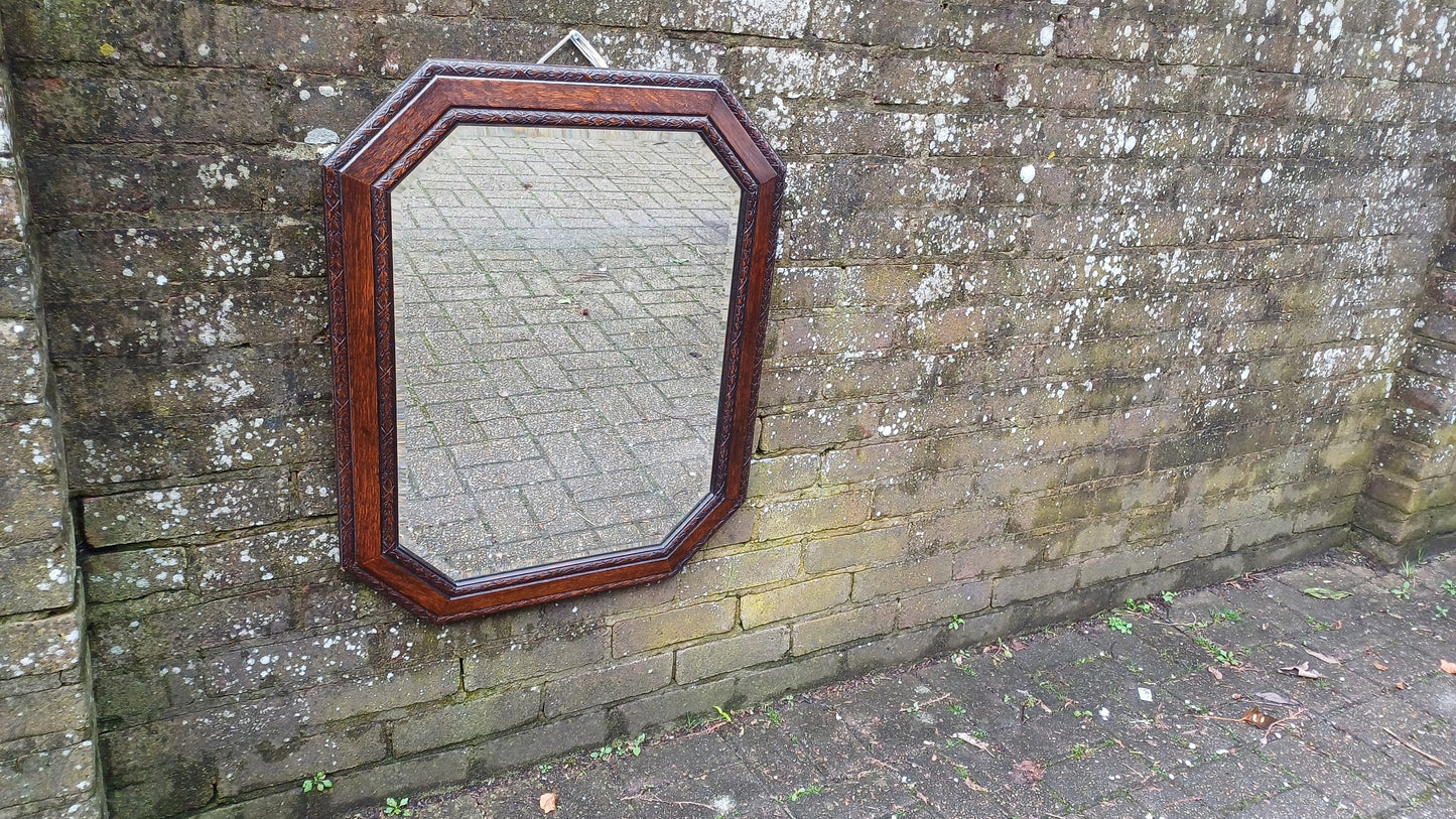 Superb and Large Vintage 1920’s Oak Mirror with Bevelled Glass