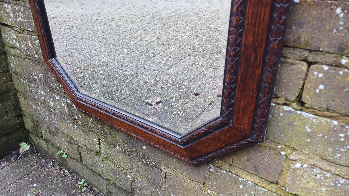 Superb and Large Vintage 1920’s Oak Mirror with Bevelled Glass