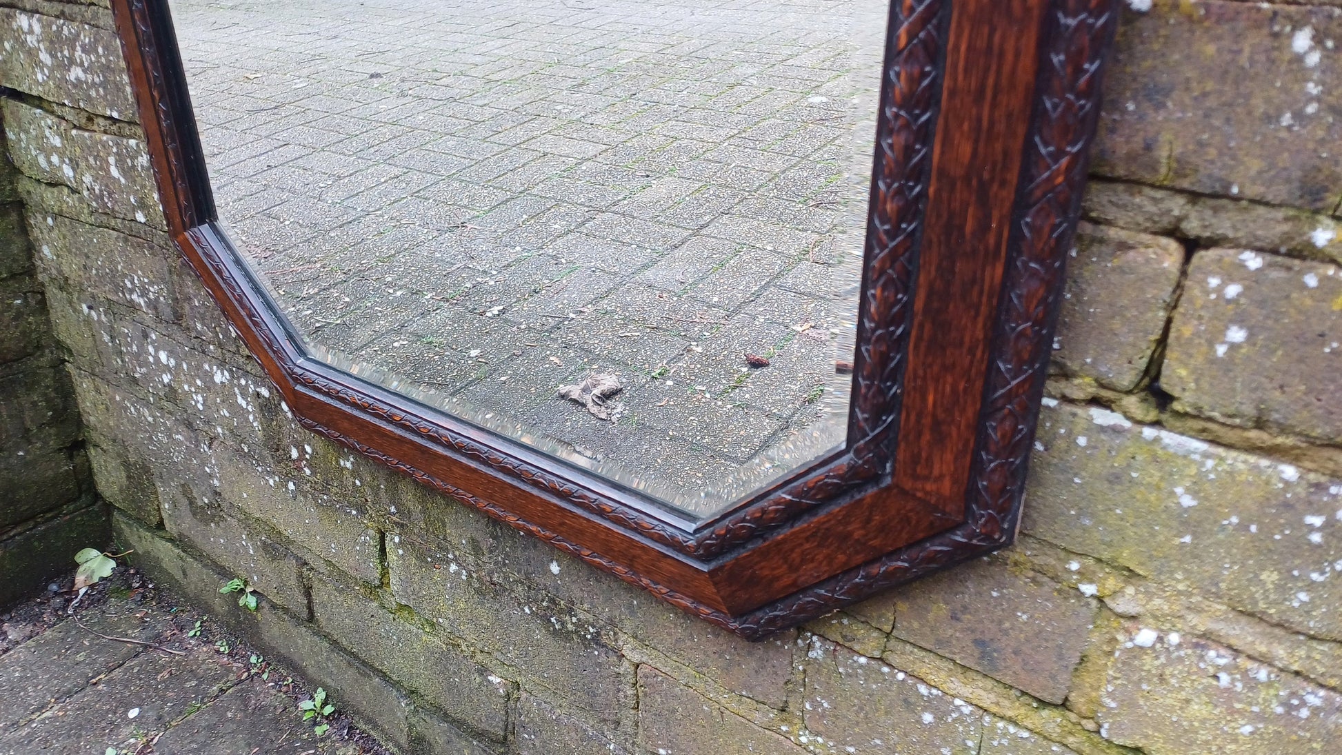 Superb and Large Vintage 1920’s Oak Mirror with Bevelled Glass