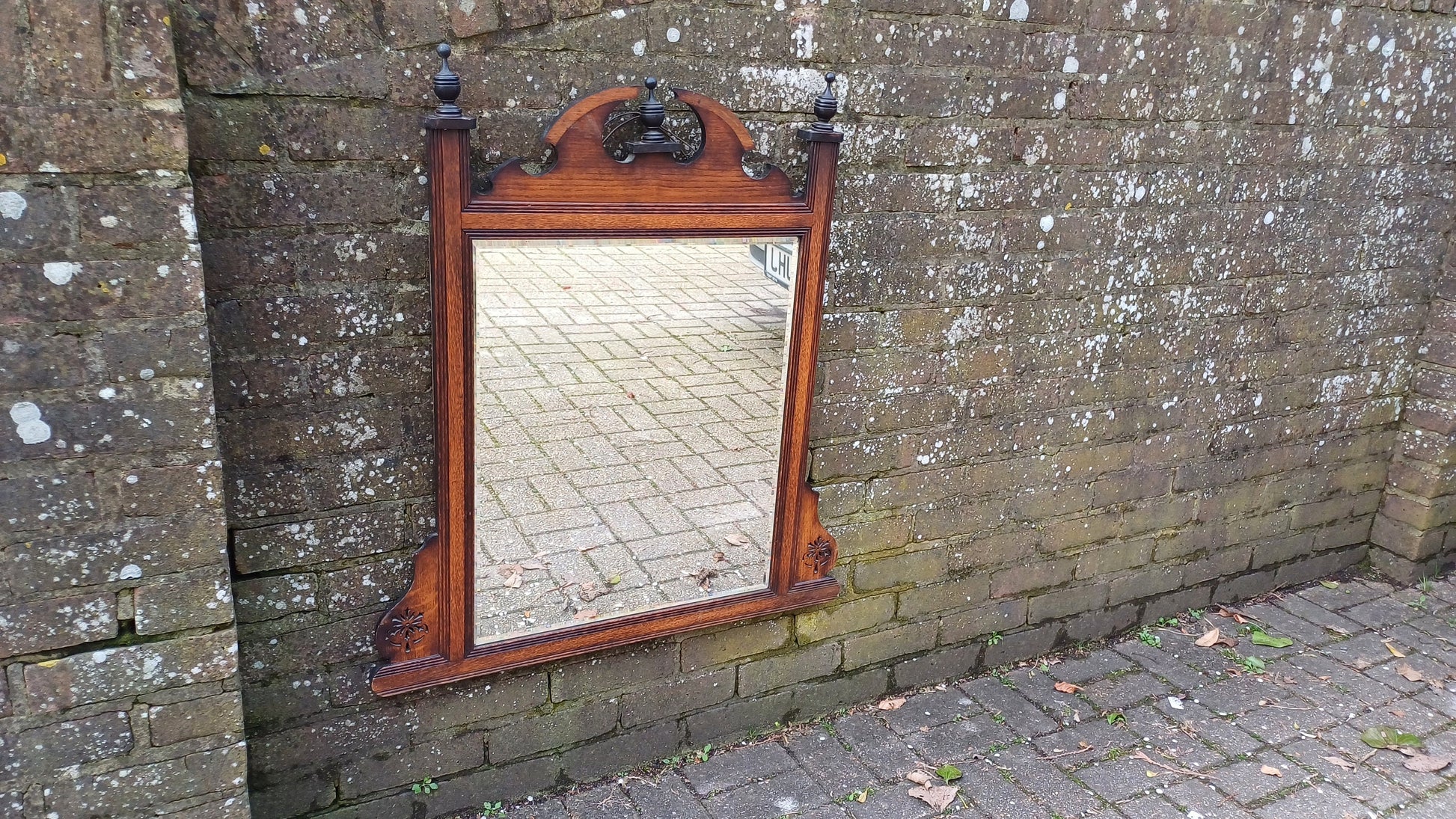 Superb Vintage Solid Oak Victorian Over Mantel or Wall Mirror. Bevelled Glass.