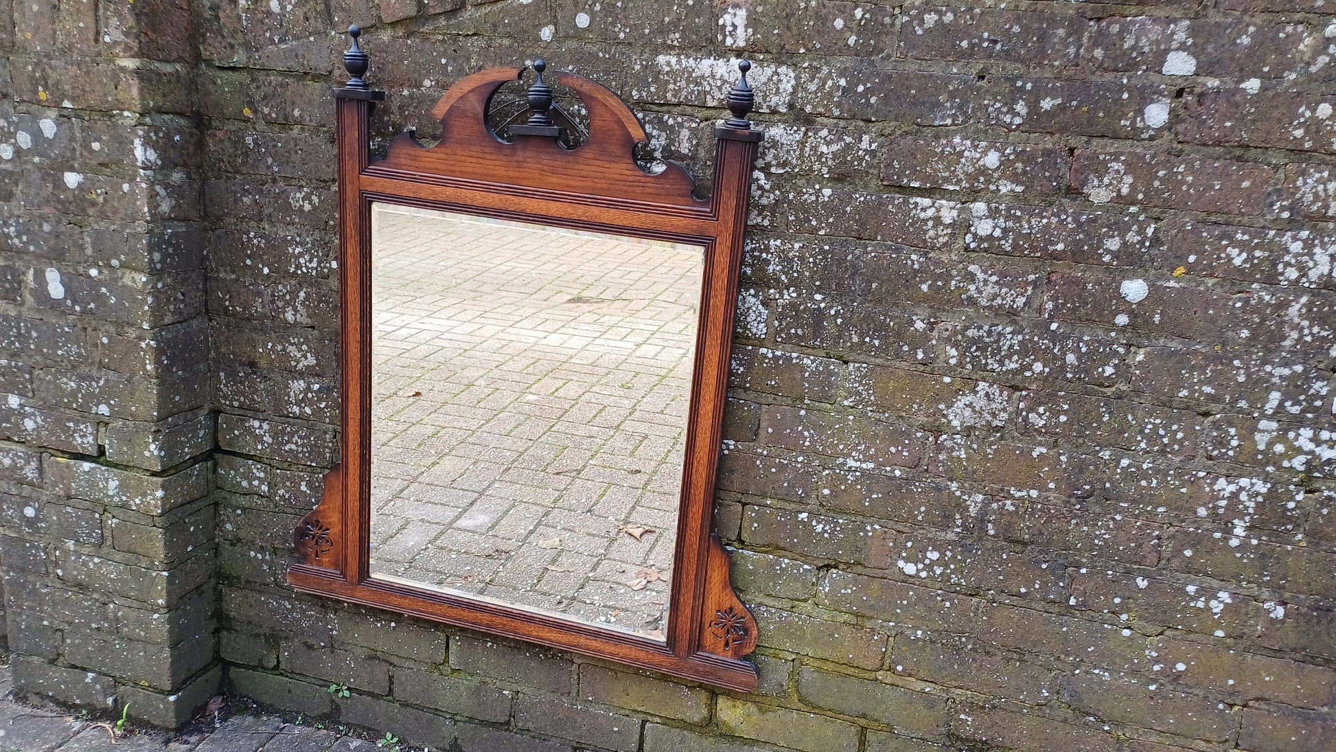 Superb Vintage Solid Oak Victorian Over Mantel or Wall Mirror. Bevelled Glass.