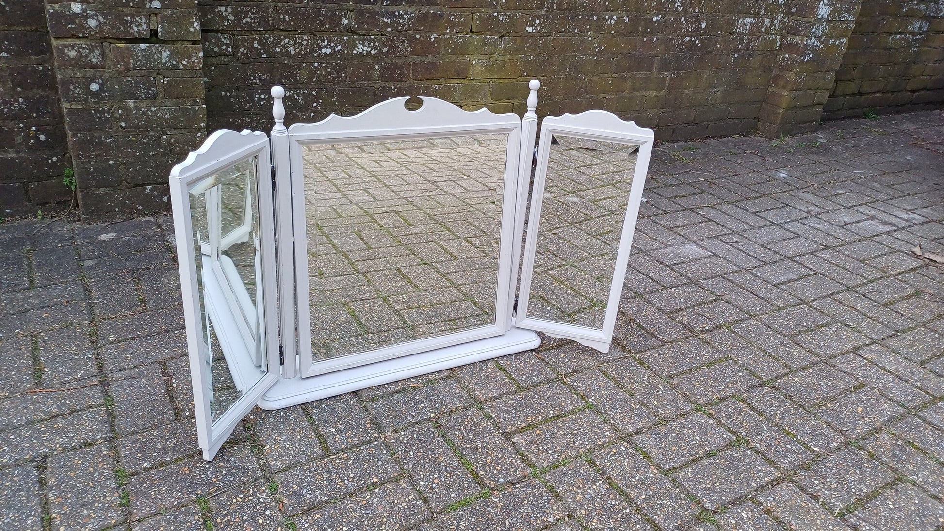 Vintage 80s Hand Painted Grey Triple Dressing Table Mirror Adjustable Swing.