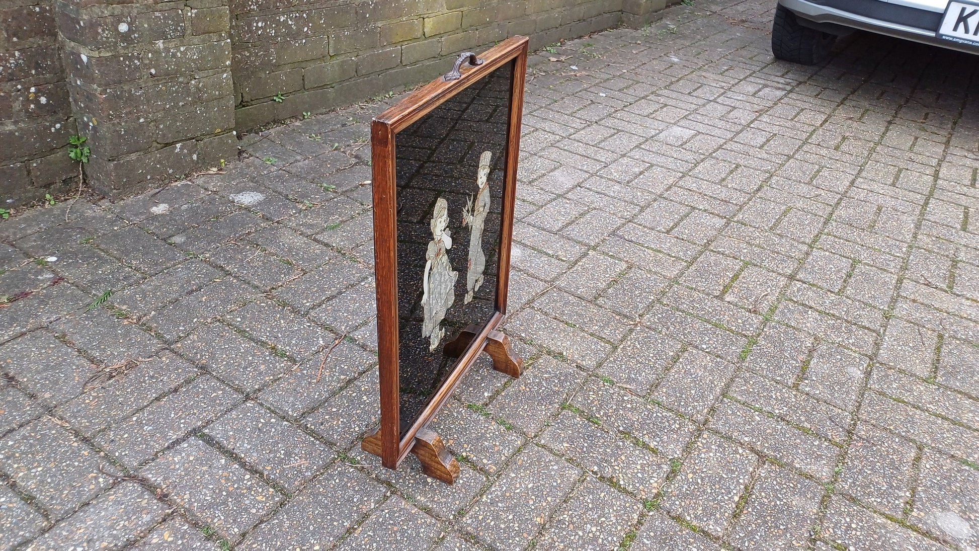 Dramatically Cute Vintage Oak Fire Screen Dutch Children in Clogs Collage Glazed Effect 1920’s