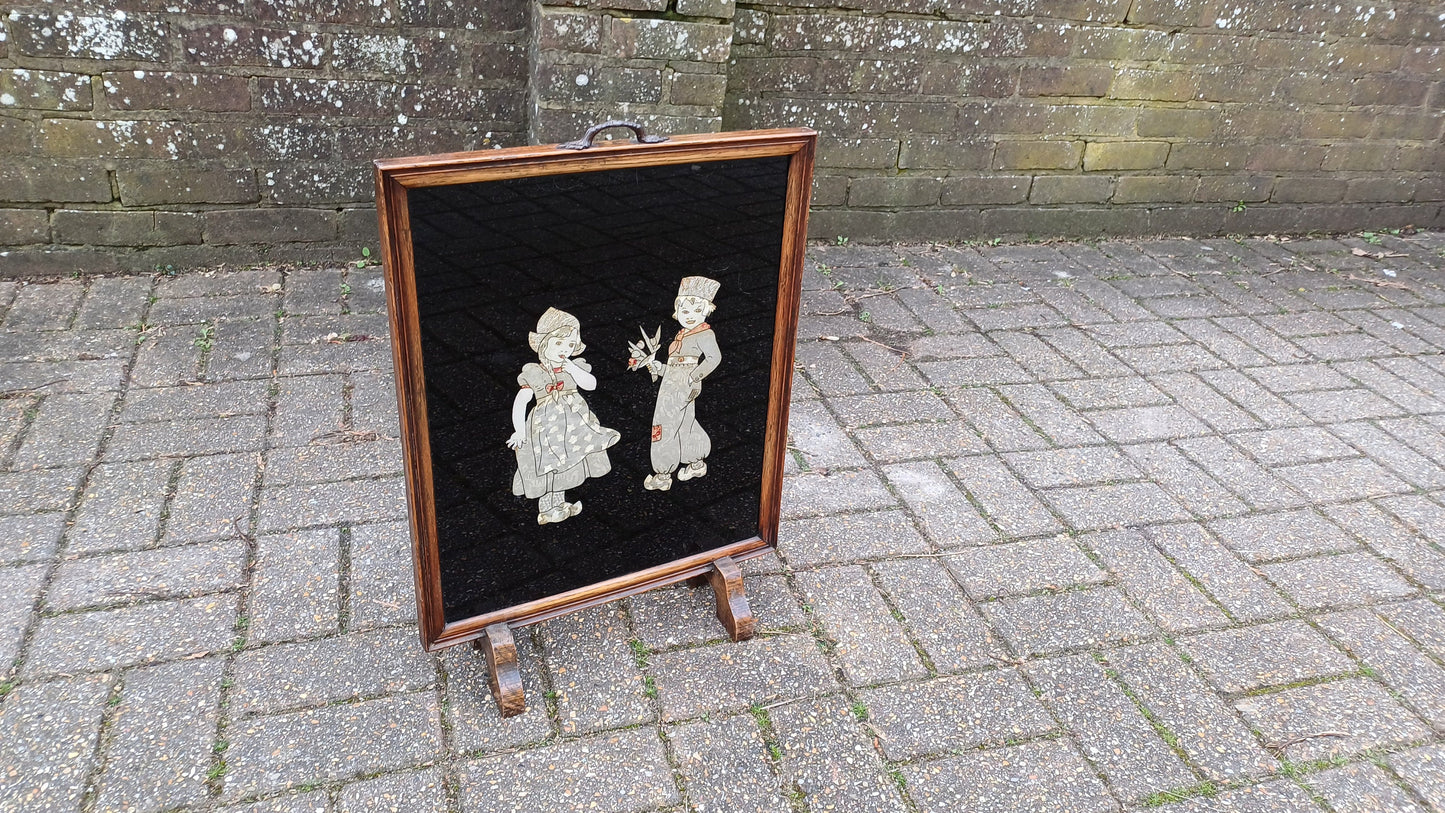 Dramatically Cute Vintage Oak Fire Screen Dutch Children in Clogs Collage Glazed Effect 1920’s