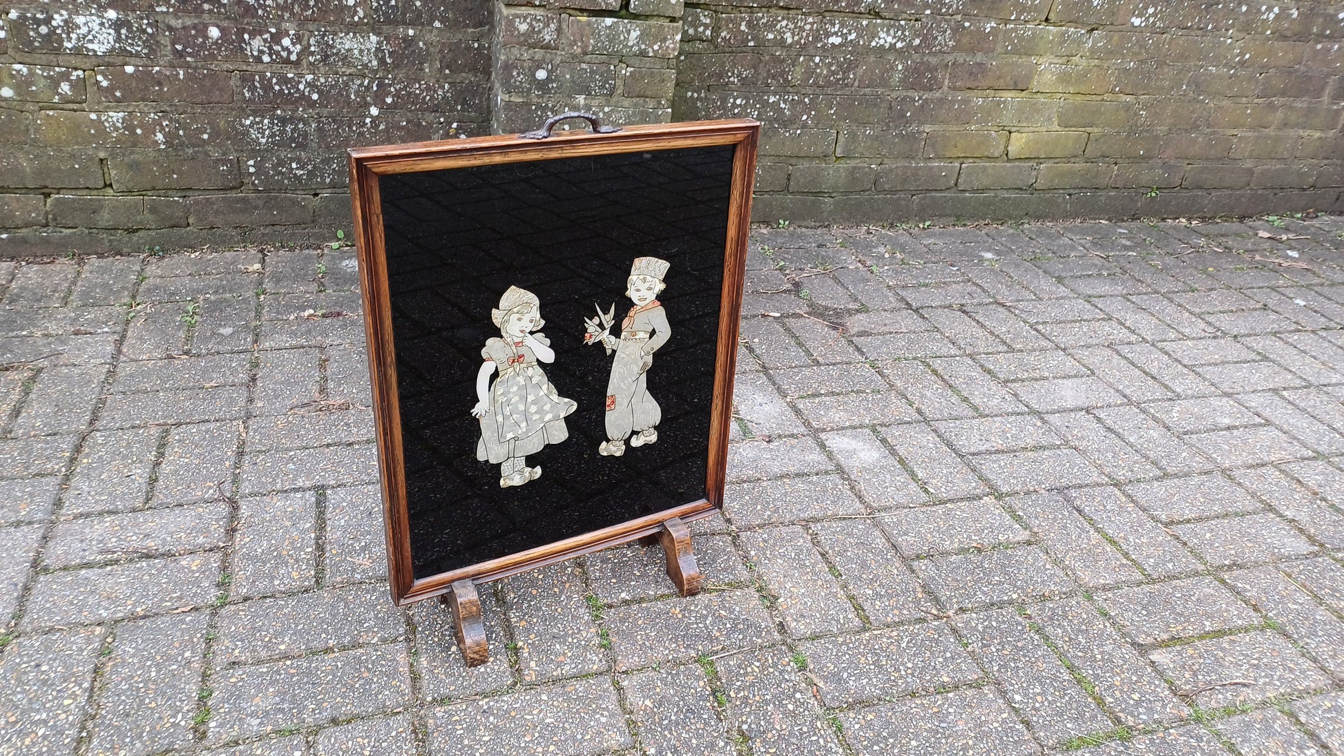 Dramatically Cute Vintage Oak Fire Screen Dutch Children in Clogs Collage Glazed Effect 1920’s