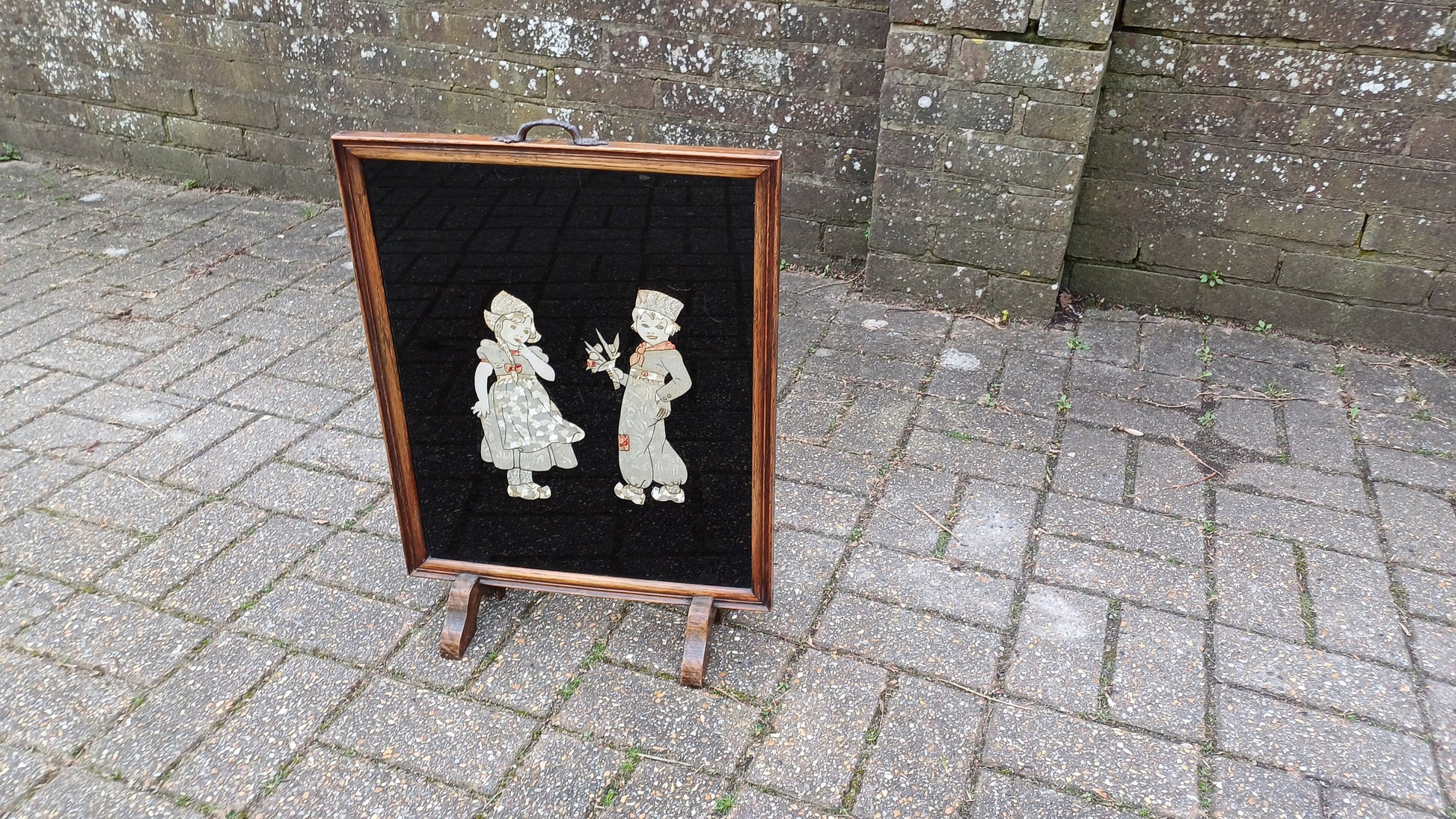 Dramatically Cute Vintage Oak Fire Screen Dutch Children in Clogs Collage Glazed Effect 1920’s