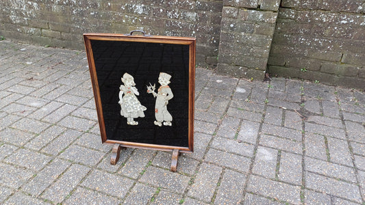 Dramatically Cute Vintage Oak Fire Screen Dutch Children in Clogs Collage Glazed Effect 1920’s